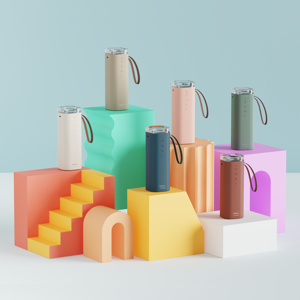 Rendering of all Zenwell Air Doctor colors on top of colorful and fun-shaped blocks