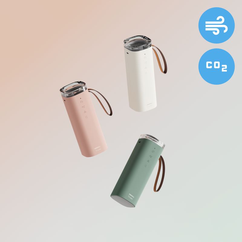 Pink, White, and Green Zenwell Air Doctor Smart portable purifiers rendered floating in the air