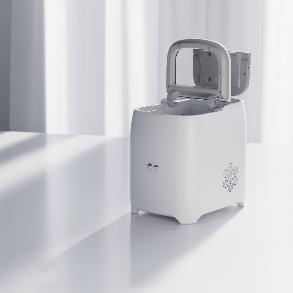Dokdo freeze ice maker on white table with dual doors open