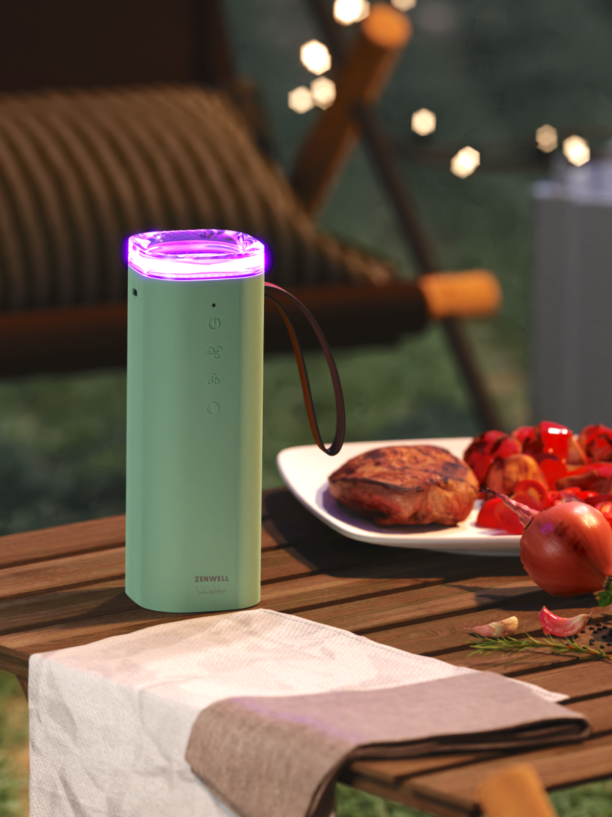 Zenwell Air Doctor Smart with mood light on placed on a outdoor picnic table