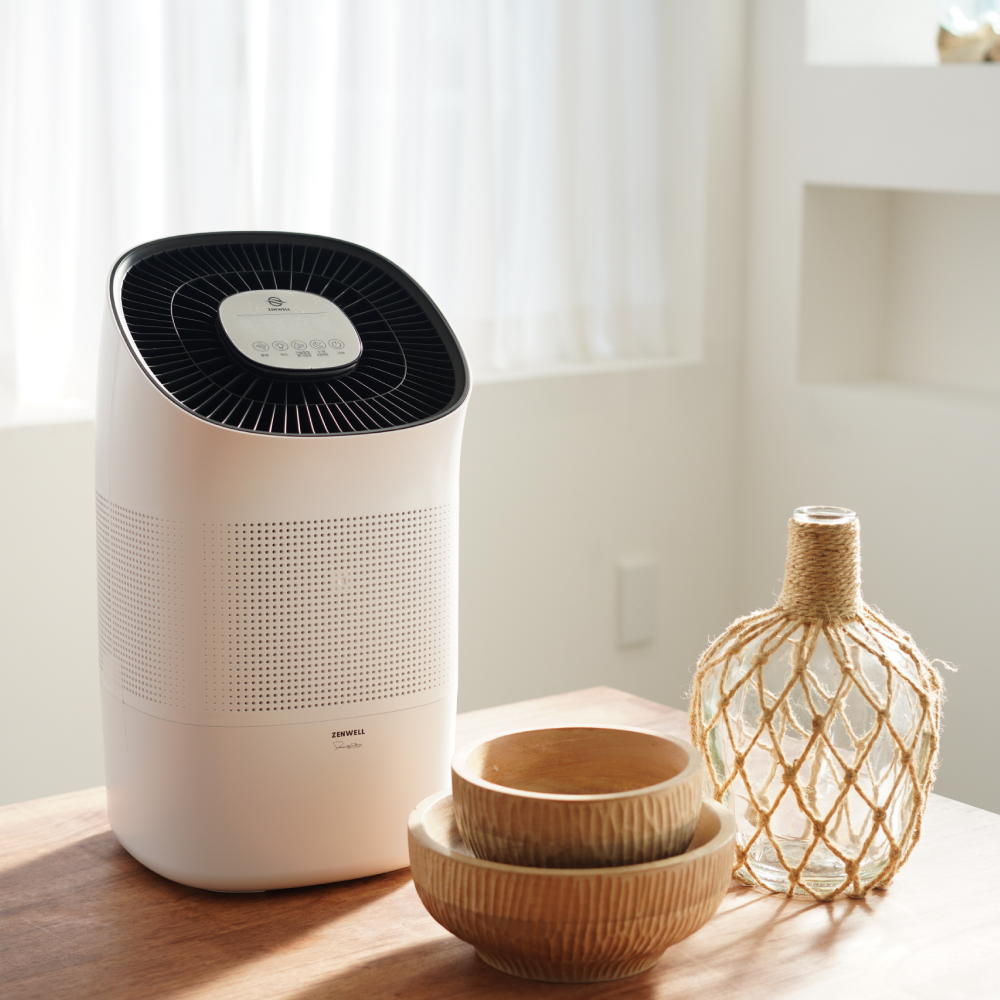 Super Air Purifier + Humidifier Smart on table with decor in sunny room