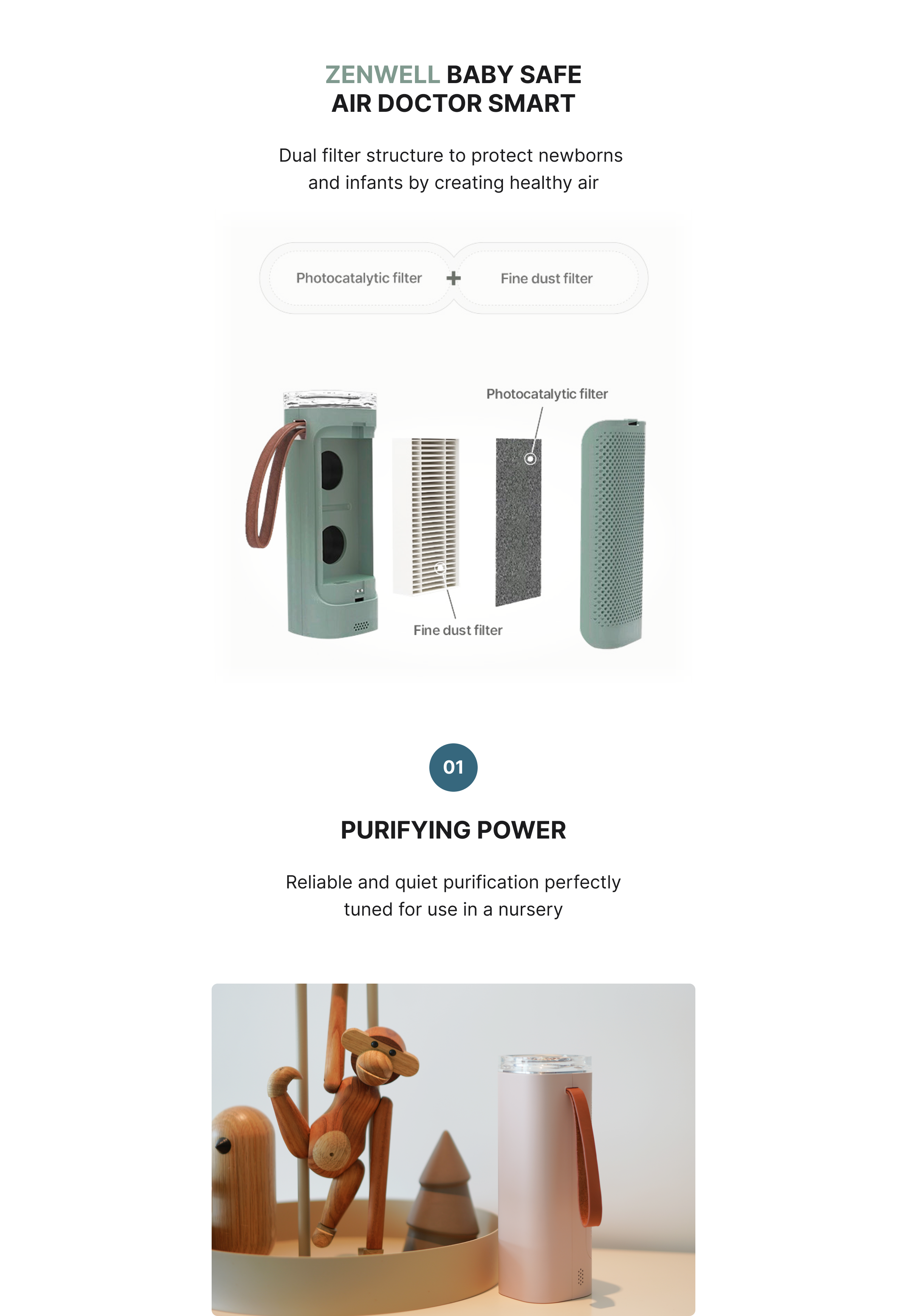 Baby Safe Air Doctor Smart product description image with rendering showing contents of the purifier and saying the reliable and quiet purification is perfect for a baby's nursery