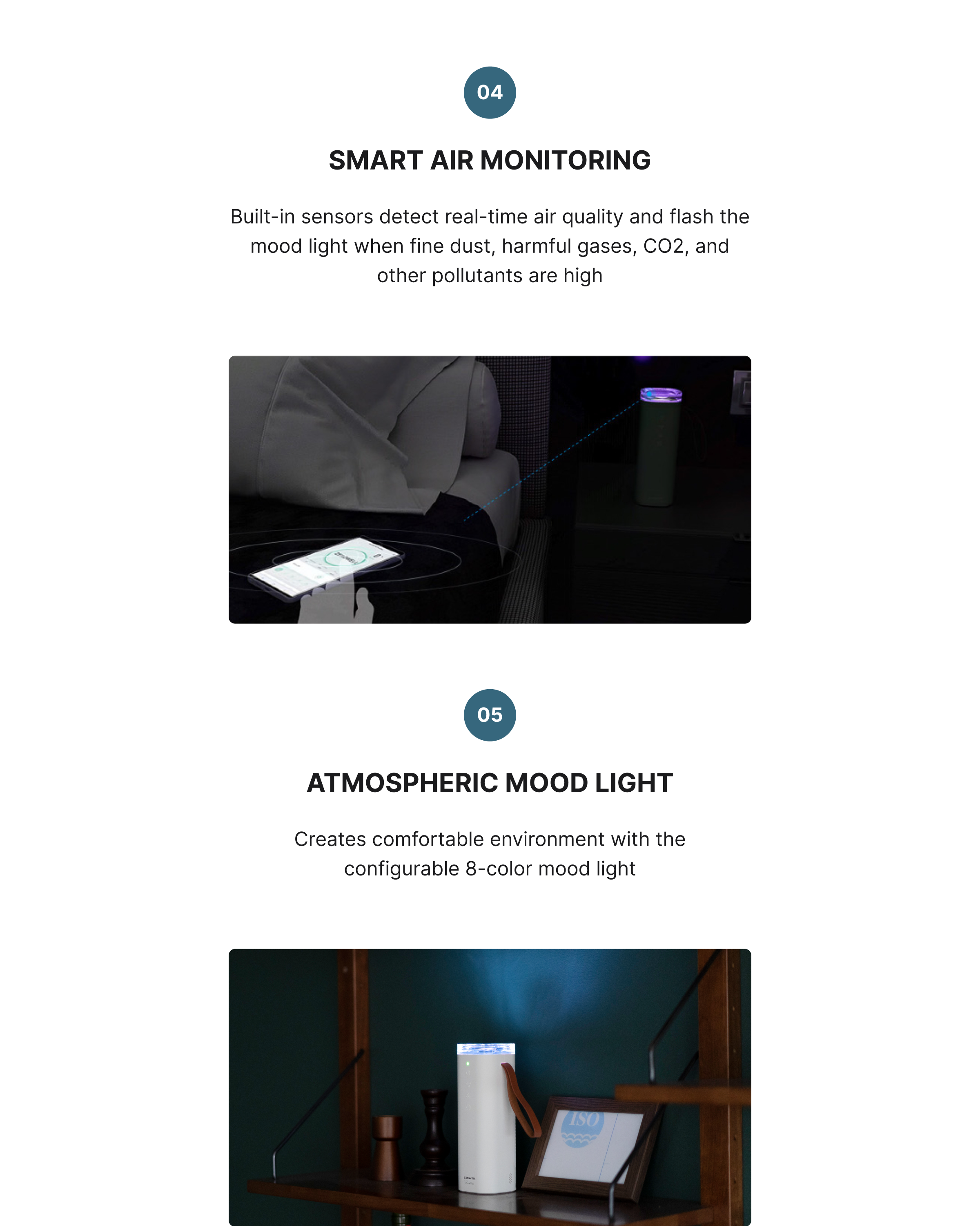 Baby Safe Air Doctor Smart product description image describing how the smart air monitoring uses built-in sensors to detect air quality real-time and flashes the mood light when levels of dust, harmful gases, and other pollutants are high and how the mood light comes with 8 color settings
