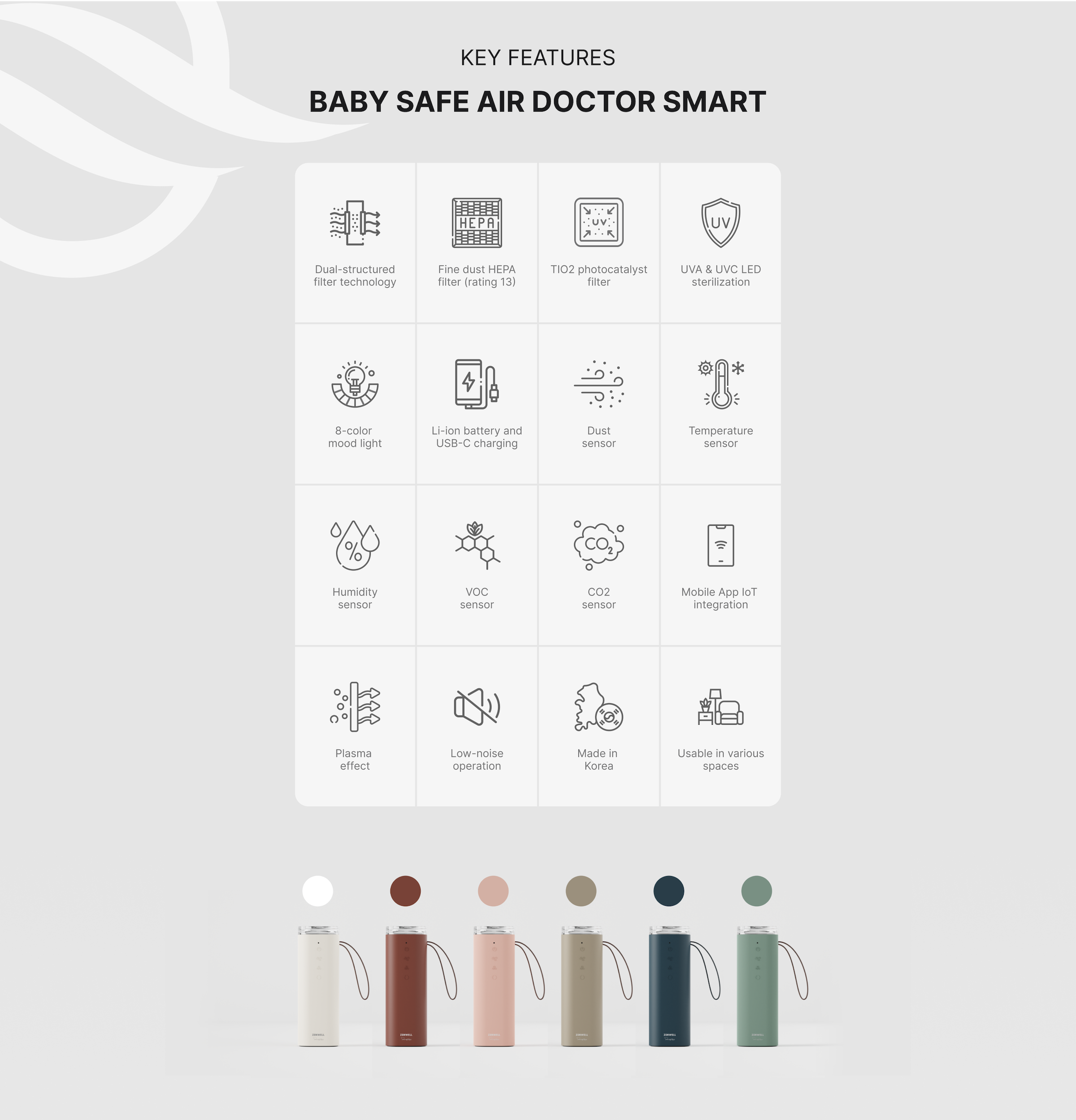 Baby Safe Air Doctor Smart product description image showing the 6 product colors and key features including the dual structure filter, fine dust HEPA filter with rating 13, TIO2 photocatalyst filter, UVA & UVC LED sterilization, 8-color 
mood light, lithium ion battery and USB-C charging, Dust 
sensor, Temperature
 sensor, Humidity sensor, VOC 
sensor, CO2
 sensor, Mobile App IoT 
integration, Plasma 
effect, Low-noise 
operation, Made in 
Korea, and Usable in various spaces