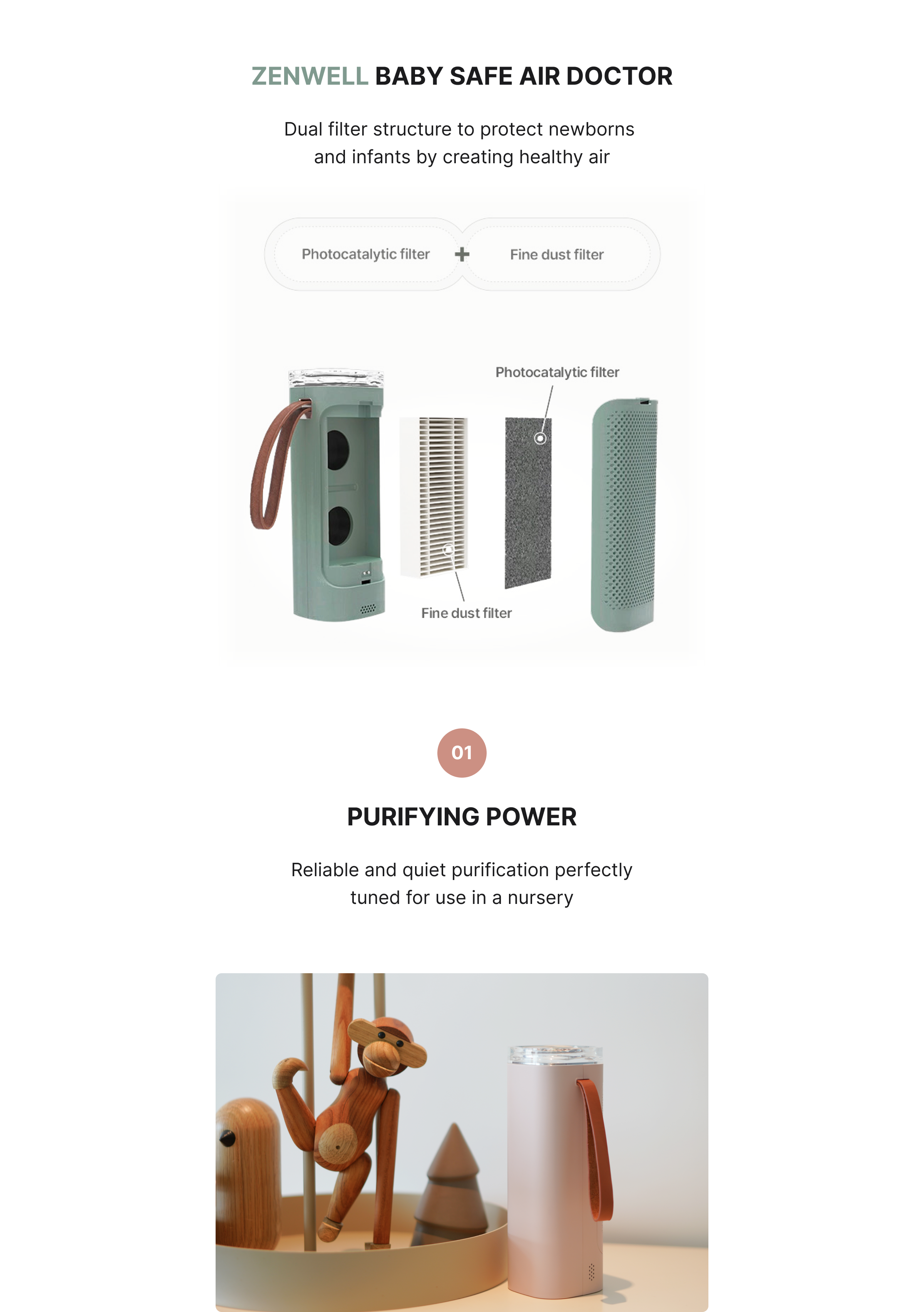 Baby Safe Air Doctor product description image with rendering showing contents of the purifier and saying the reliable and quiet purification is perfect for a baby's nursery