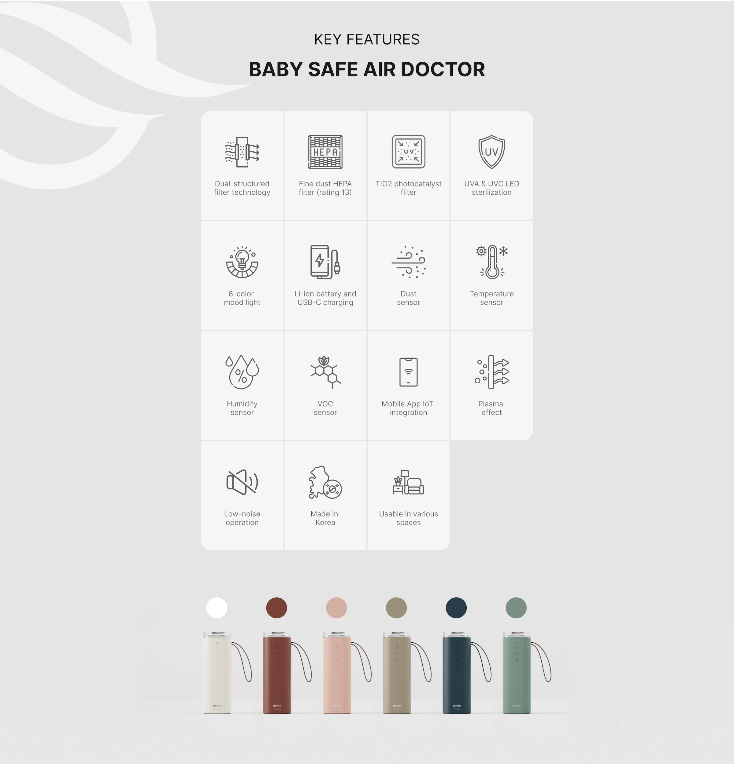 Baby Safe Air Doctor product description image showing the 6 product colors and key features including the dual structure filter, fine dust HEPA filter with rating 13, TIO2 photocatalyst filter, UVA & UVC LED sterilization, 8-color 
mood light, lithium ion battery and USB-C charging, Dust 
sensor, Temperature
 sensor, Humidity sensor, VOC 
sensor, Mobile App IoT 
integration, Plasma 
effect, Low-noise 
operation, Made in 
Korea, and Usable in various spaces