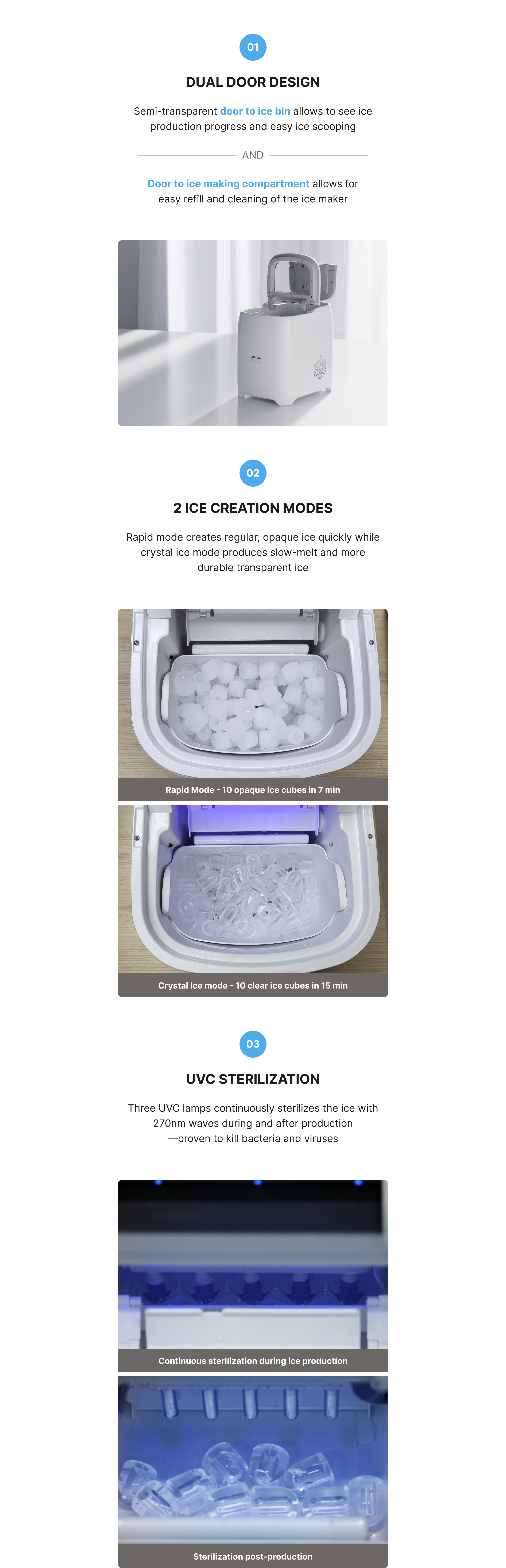 Dokdo Freeze product description image showing how dual door design gives access to the ice bin and ice making compartment for easy cleaning, how the two modes creates 10 cubes of hard, durable ice in 15 minutes or quick opaque ice in 7 minutes, and how the unit uses a triple UVC light system continuously during the ice making process.