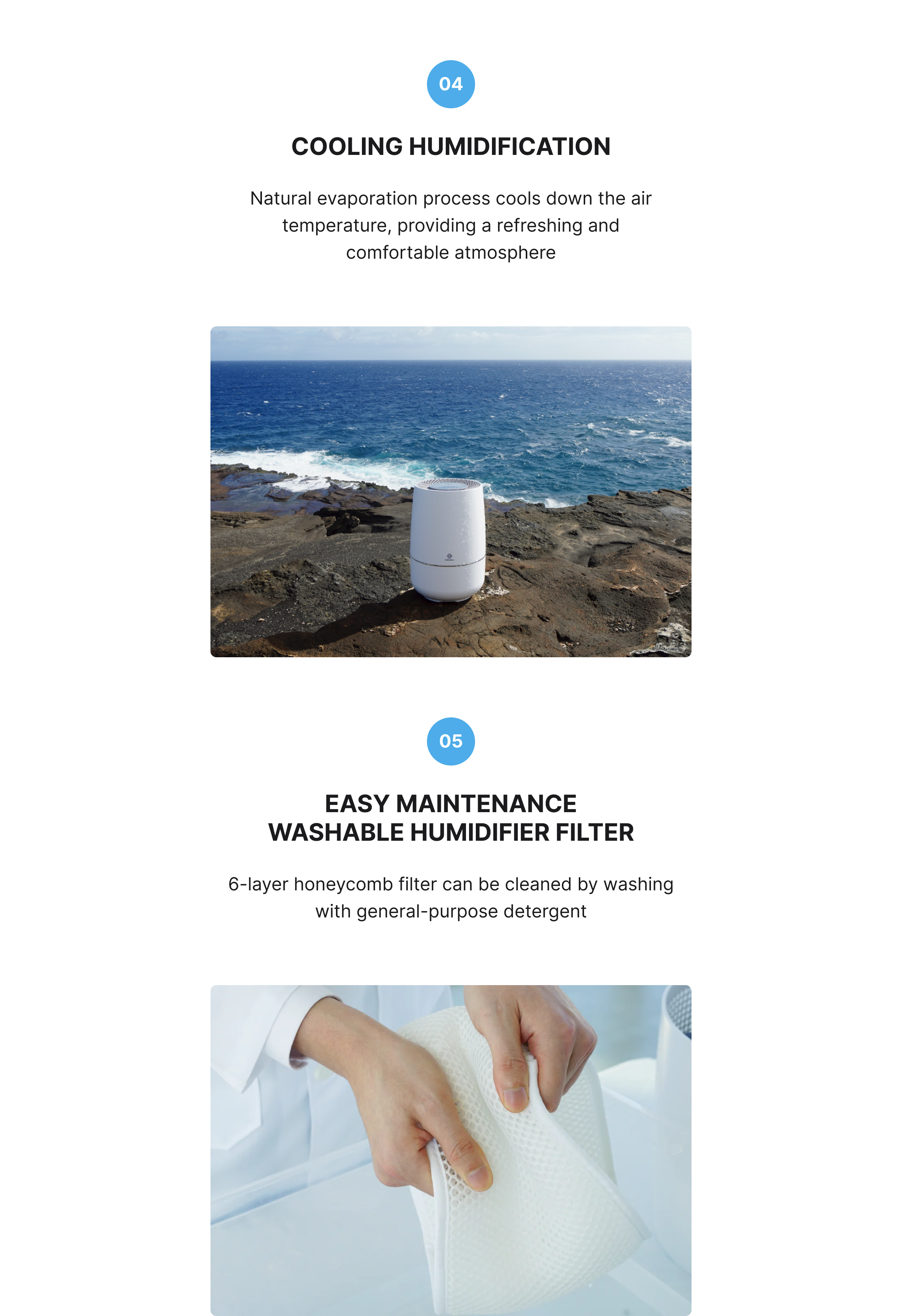 Humidifier product description image describing how the humidification cools the air and the humidifier filter is easy to maintain because you can easily wash the 6-layer honeycomb fiber filter with general-purpose detergent