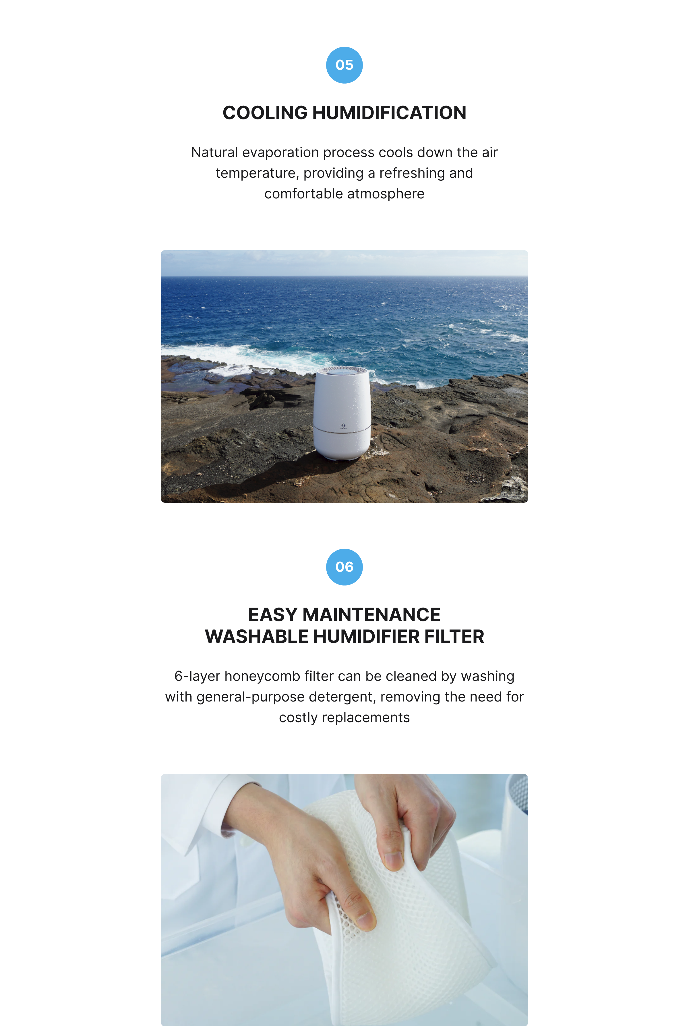 Air Purifier and Humidifier product description image describing how the humidification cools the air and the humidifier filter is easy to maintain because you can easily wash the 6-layer honeycomb fiber filter with general-purpose detergent