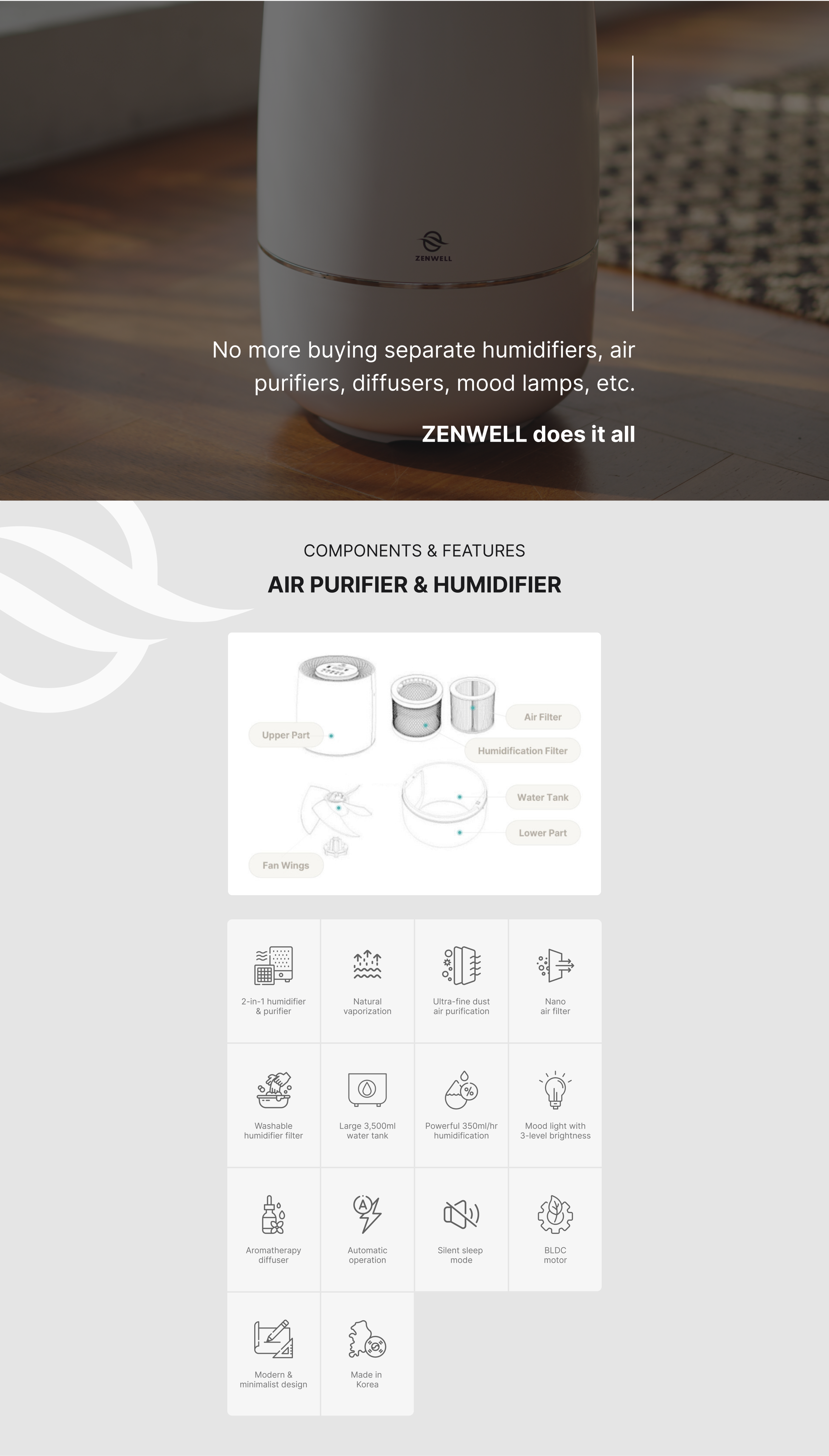 Description image showing the product’s parts including the upper part, lower water tank part, fan, nano air filter, and humidification filter. Also shows the key features including 2-in-1 humidifier & purifier, Natural vaporization, Ultra-fine dust purification, Nano air filter, Washable humidifier filter, 3,500ml water tank, 350ml/hr humidification, Mood light with 3-level brightness, Aromatherapy diffuser, Automatic operation, Silent sleep mode, BLDC motor, Modern & minimalist design, and Made in Korea