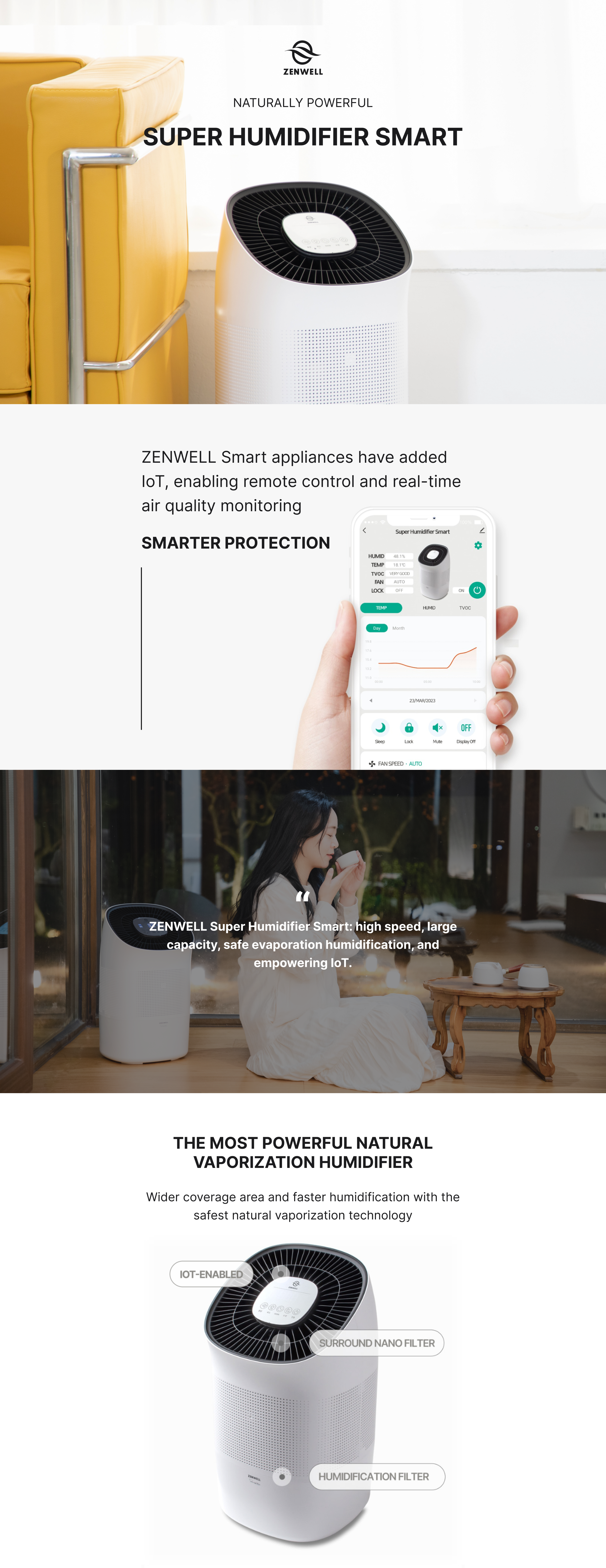 Super Humidifier Smart product description image highlighting the high speed, large capacity, and safe evaporation humidification and the added IOT mobile app that allows remote control and real-time air quality monitoring.