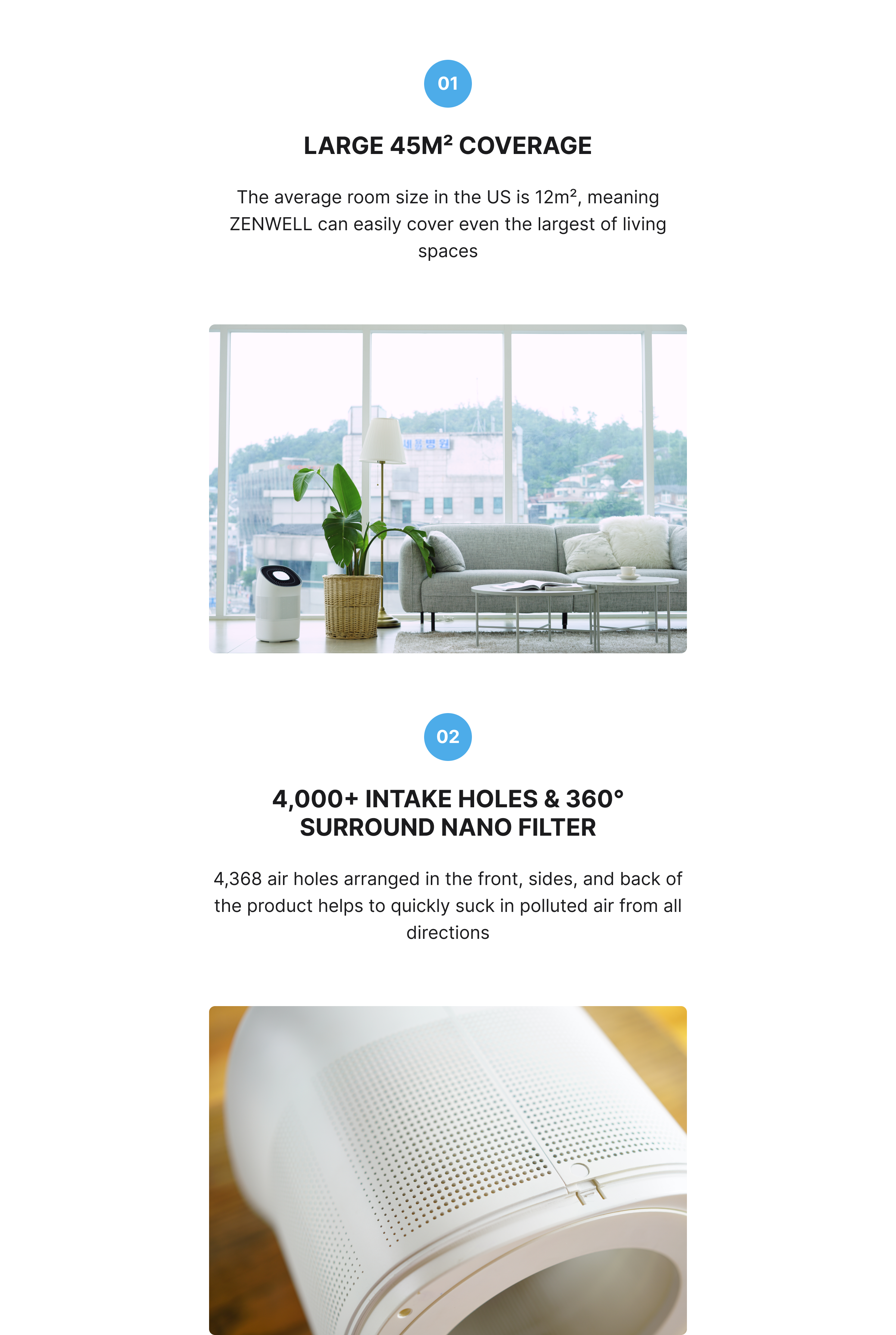 Super Humidifier Smart product description image describing how the 45 square meter coverage of the unit is more than enough to cover the average 12 square meter US room. Over four thousand intake holes in the front, sides, and back and the round 360 degree surround nano filter quickly purifies polluted air from all directions.