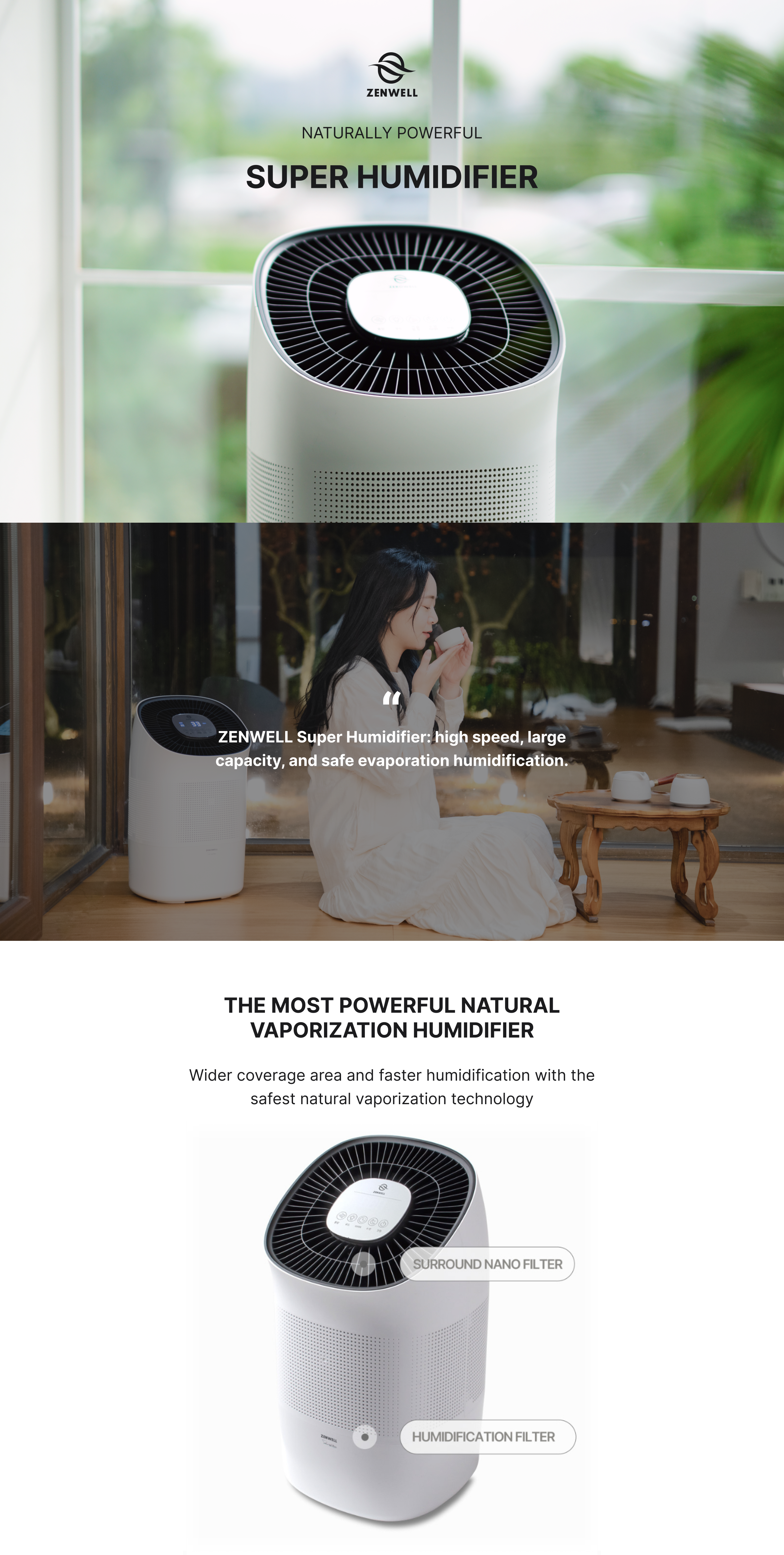 Super Humidifier product description image highlighting the high speed, large capacity, and safe evaporation humidification with a surround nano and humidifier filter.