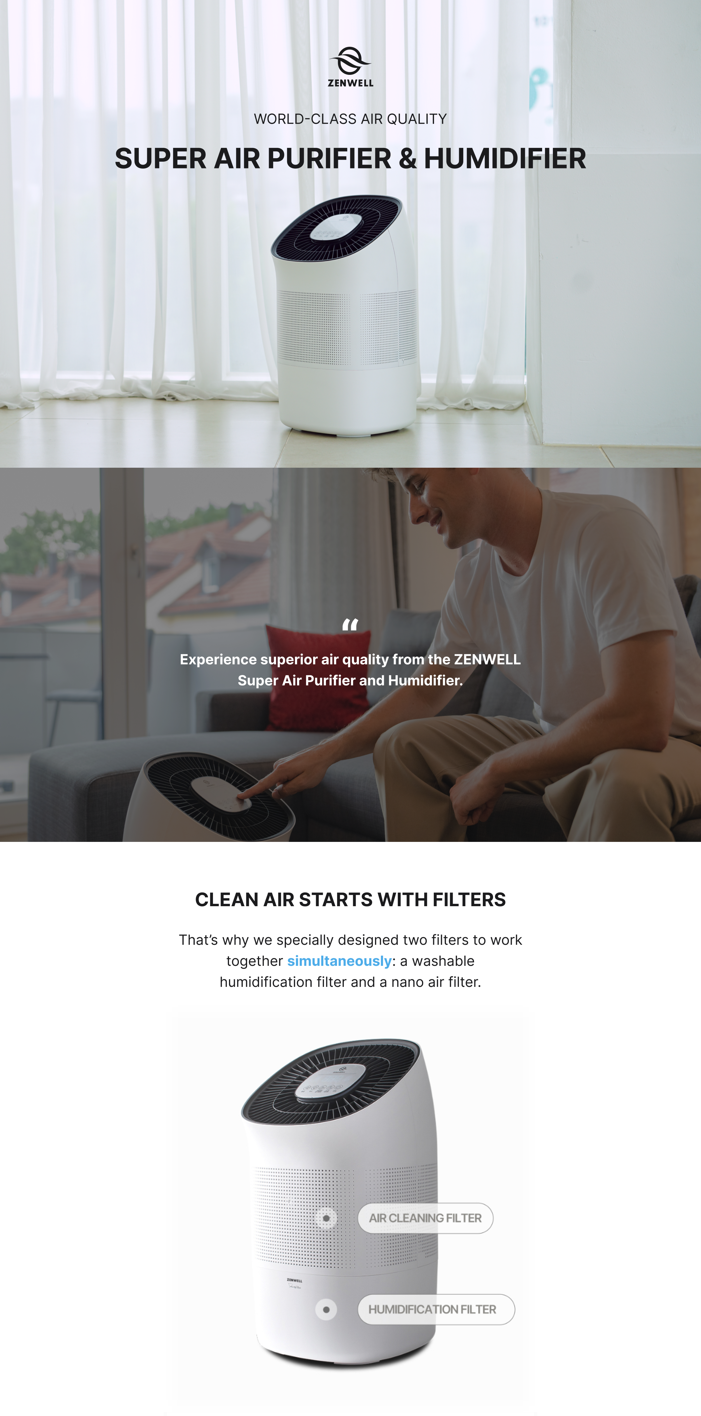 Super Air Purifier and Humidifier product description image explaining how it has two filters that work together simultaneously: a washable humidification filter and a nano air filter.