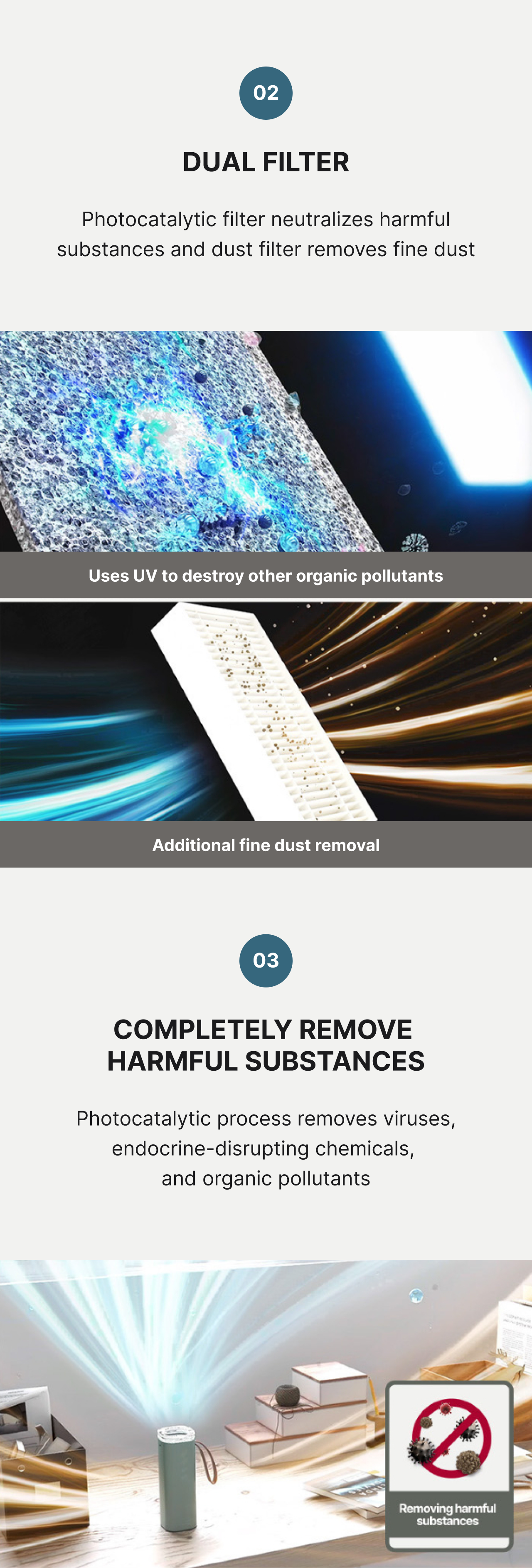 Baby Safe Air Doctor Smart product description image describing dual filter system with a photocatalytic filter and a fine dust filter and that the Air Doctor can completely remove harmful viruses, endocrine-disrupting chemicals, and organic pollutants