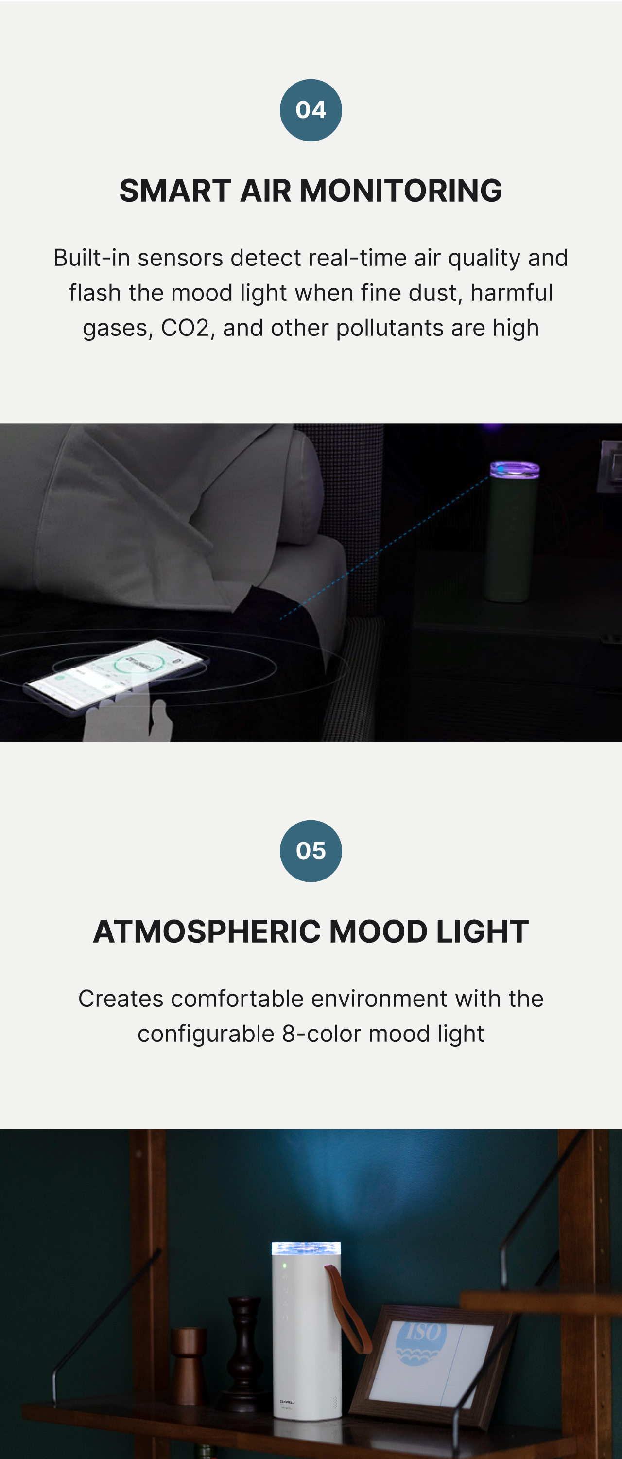 Baby Safe Air Doctor Smart product description image describing how the smart air monitoring uses built-in sensors to detect air quality real-time and flashes the mood light when levels of dust, harmful gases, and other pollutants are high and how the mood light comes with 8 color settings