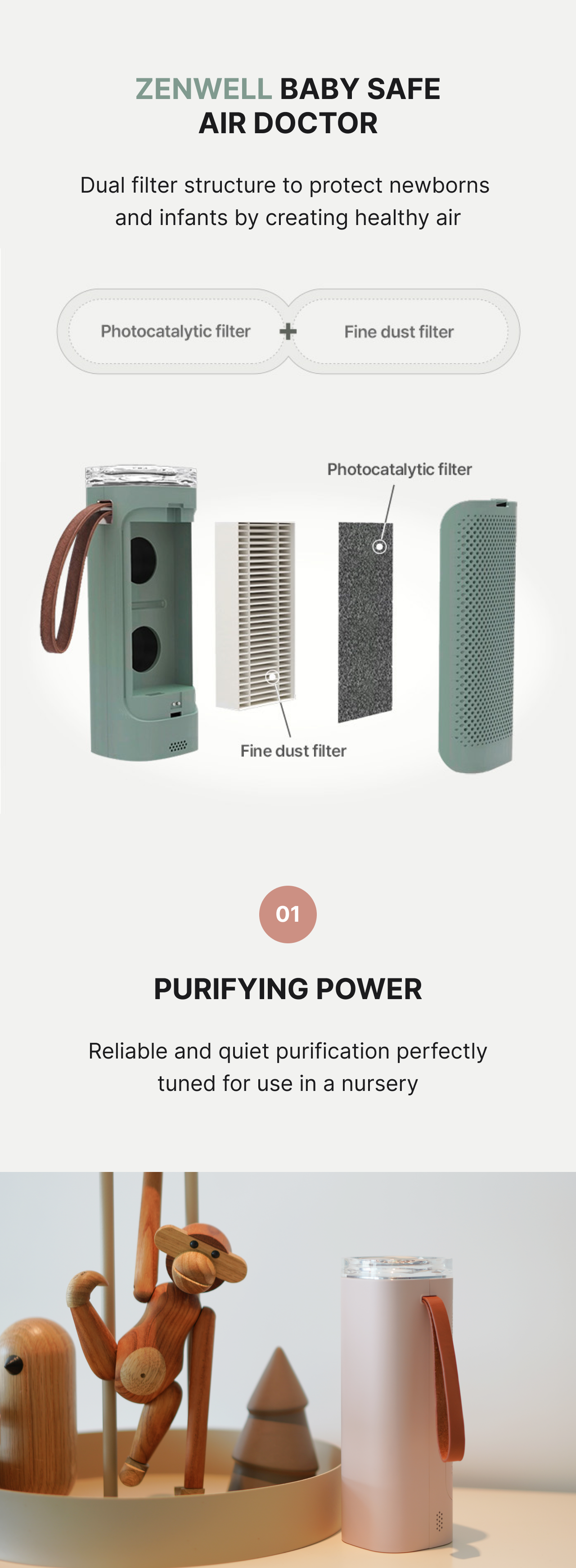 Baby Safe Air Doctor product description image with rendering showing contents of the purifier and saying the reliable and quiet purification is perfect for a baby's nursery