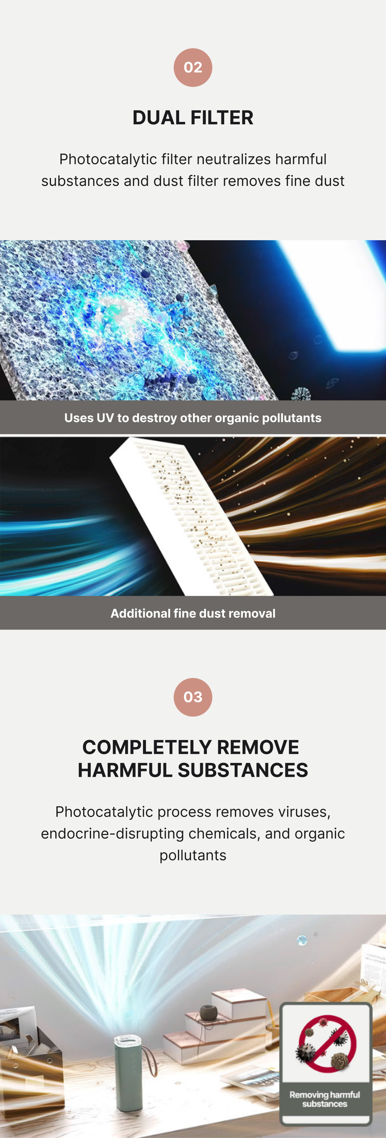 Baby Safe Air Doctor product description image describing dual filter system with a photocatalytic filter and a fine dust filter and that the Air Doctor can completely remove harmful viruses, endocrine-disrupting chemicals, and organic pollutants