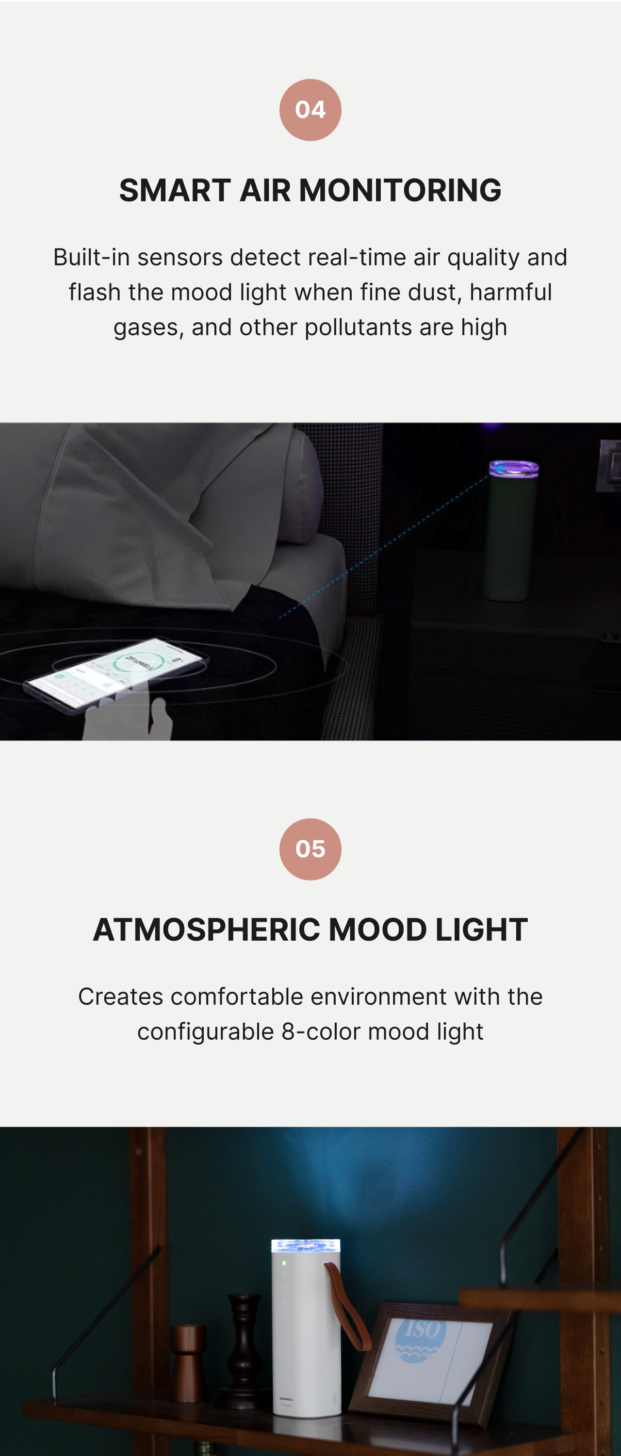 Baby Safe Air Doctor product description image describing how the smart air monitoring uses built-in sensors to detect air quality real-time and flashes the mood light when levels of dust, harmful gases, and other pollutants are high and how the mood light comes with 8 color settings