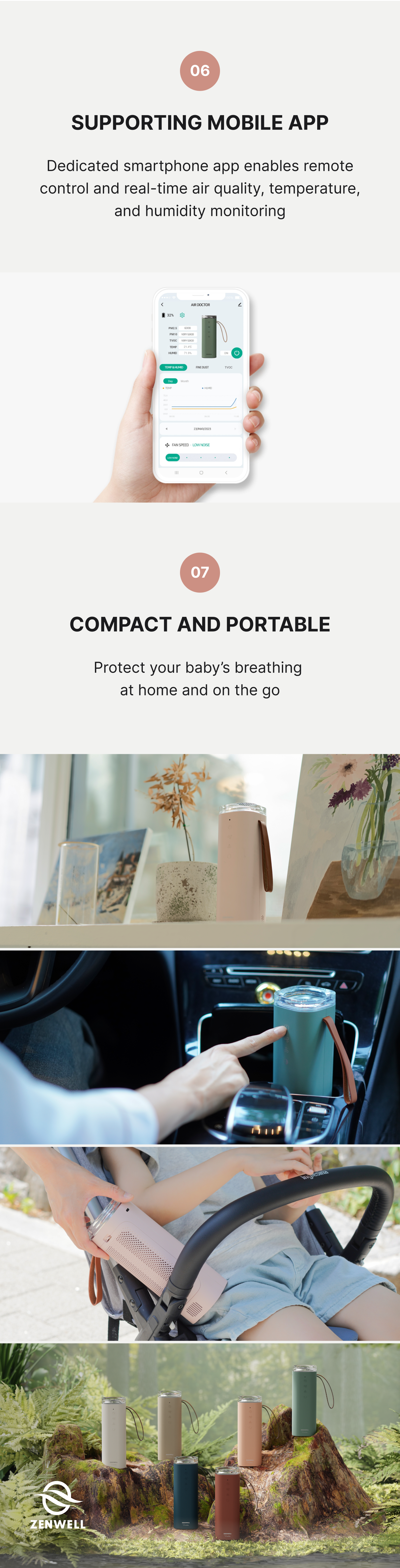 Baby Safe Air Doctor product description image showing supporting mobile app with air quality insights and images showing how the unit is portable and can protect you and your child on the go