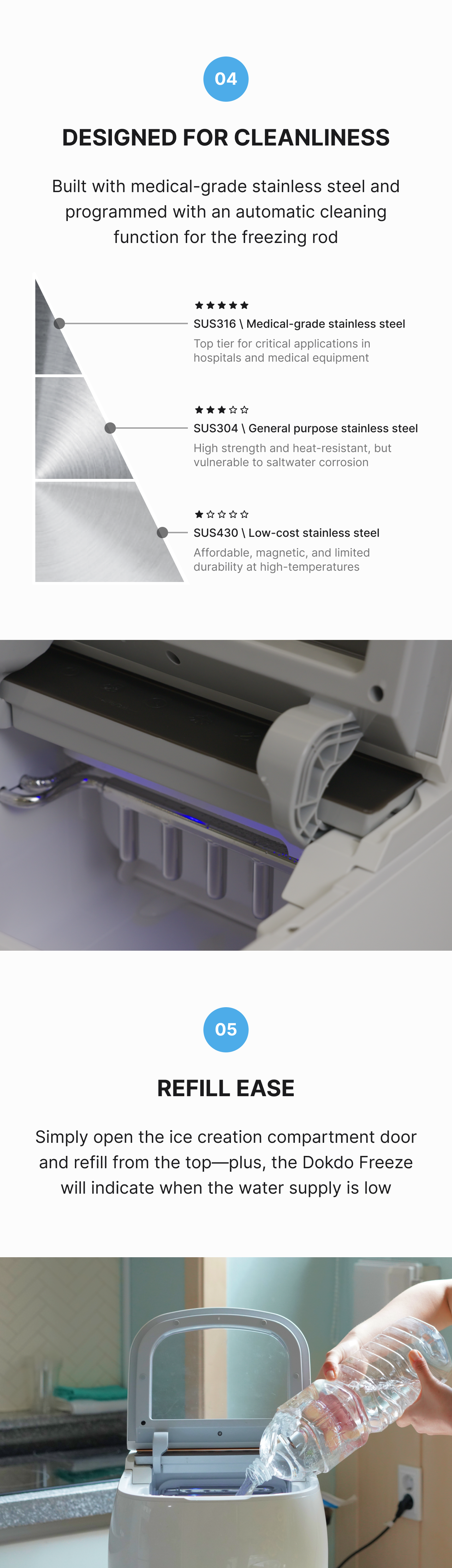 Dokdo Freeze product description image describing how the ice maker is built with top-tier and rust-free medical grade stainless steel and the top-refill system is super easy to use