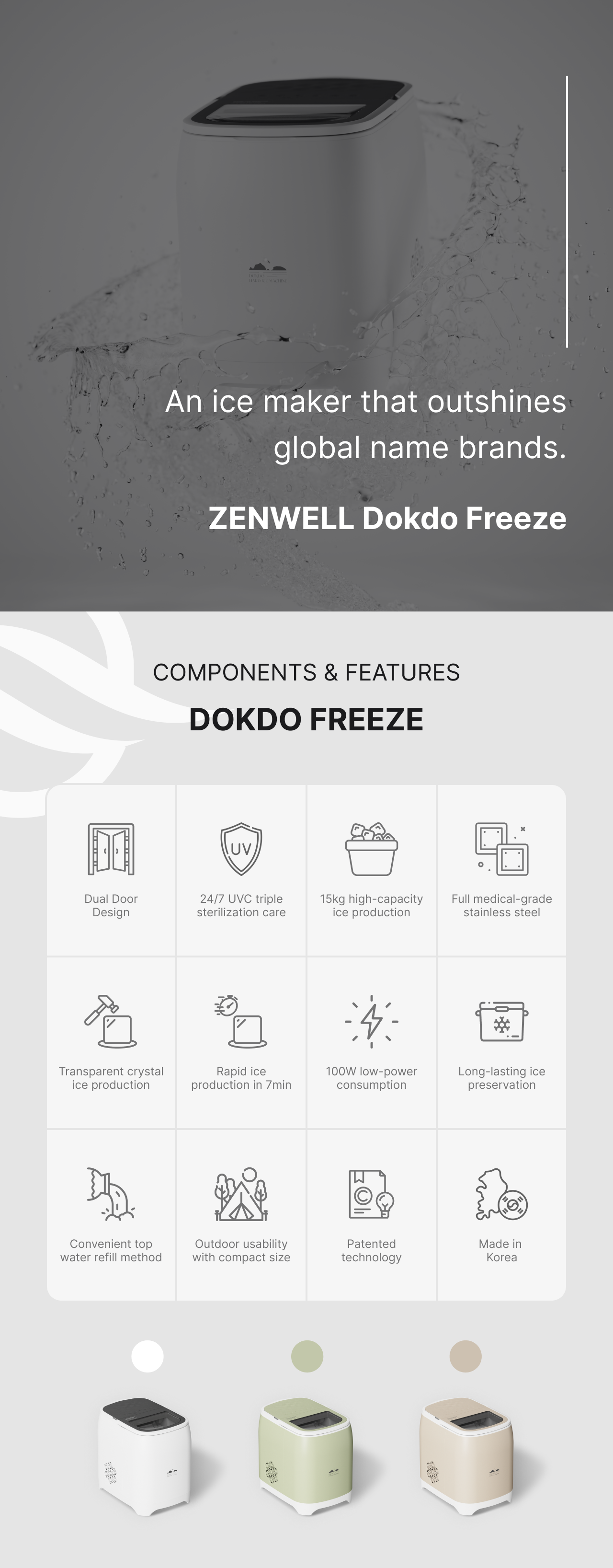 Dokdo Freeze product description image showing the three color varieties and key features including the Dual Door Design, 24/7 UVC triple sterilization care, 15kg high-capacity ice production, Full medical-grade stainless steel, Transparent crystal ice production, Rapid ice production in 7min, 100W low-power consumption, Long-lasting ice preservation, Convenient top water refill method, Outdoor usability with compact size, Patented technology, and Made in 
Korea.