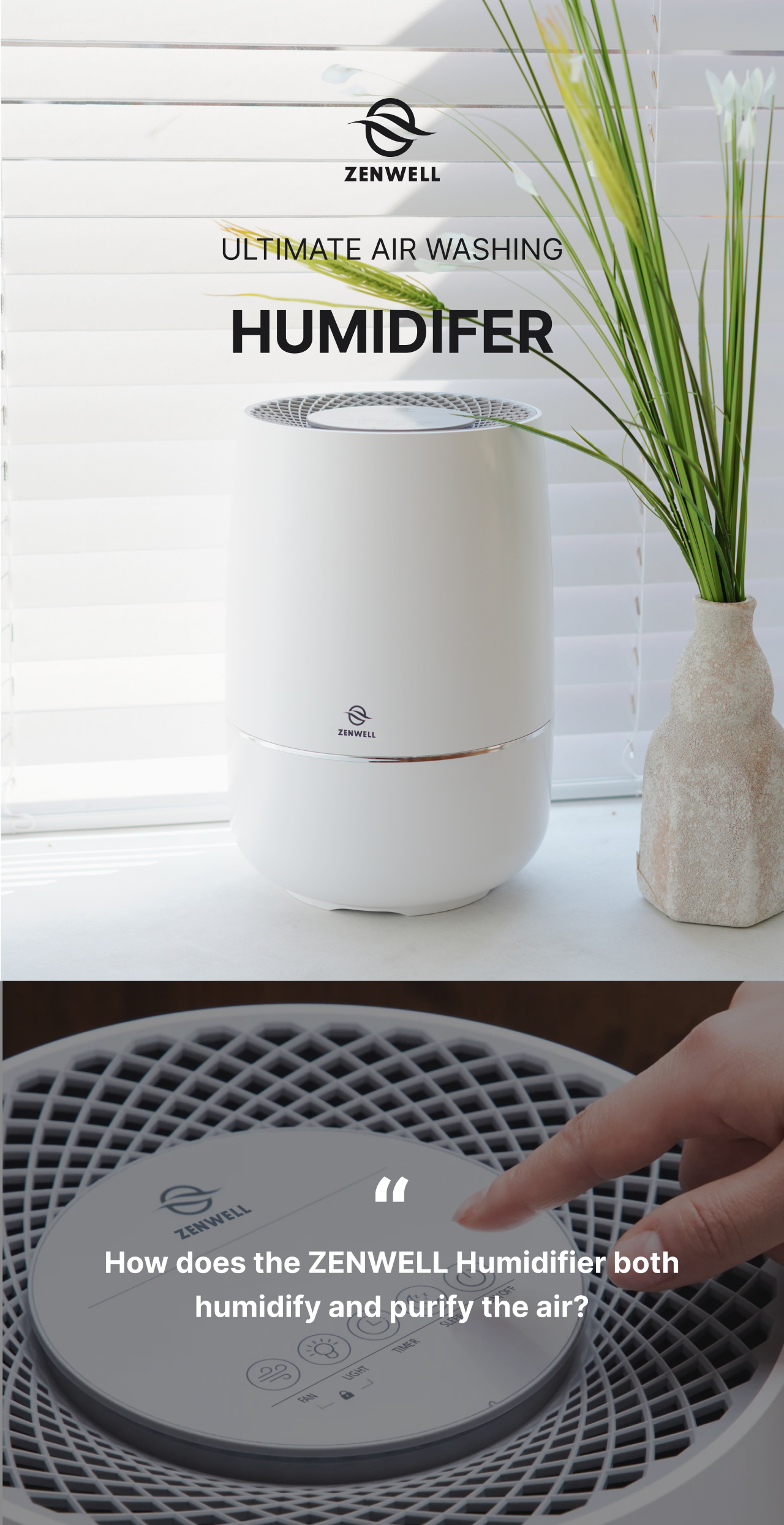 Humidifier product description image with quoted question asking how this ultimate air washer both humidifies and purifies the air.