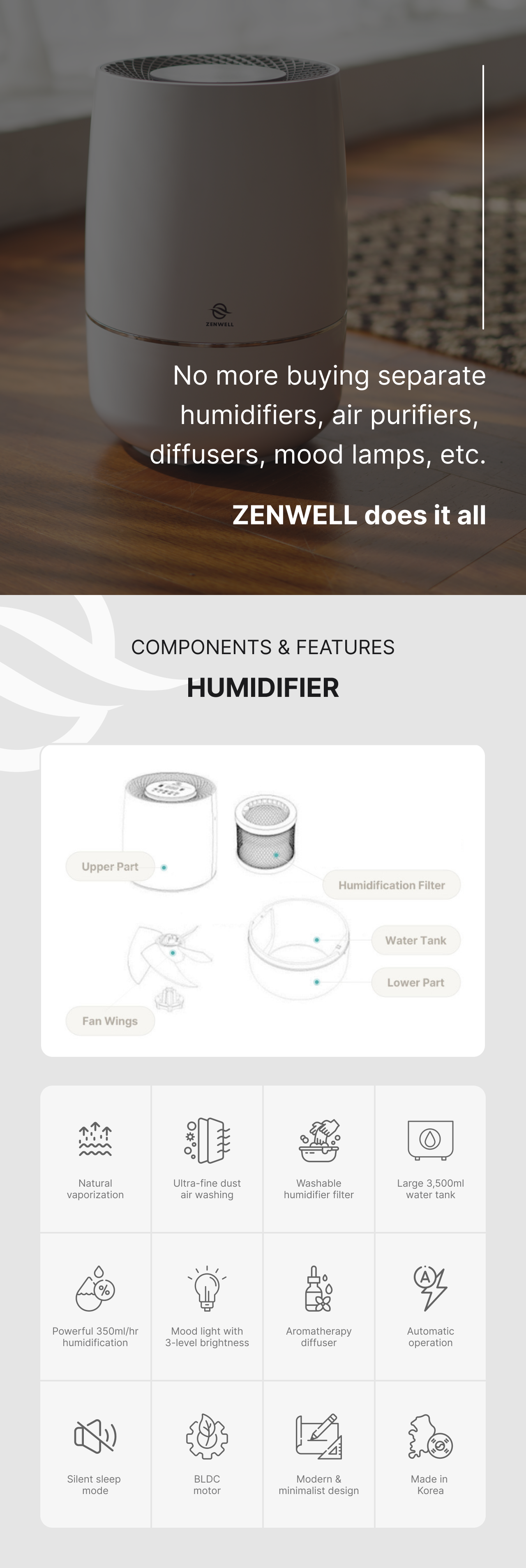 Humidifier product description image showing the parts of the humidifier including the upper part, lower water tank part, fan, and humidification filter. Also shows the key features including Natural vaporization, Ultra-fine dust
air washing, Washable humidifier filter, Powerful 350ml/hr humidification, Mood light with 3-level brightness, Aromatherapy diffuser, Automatic operation, Silent sleep 
mode, BLDC motor, Modern & minimalist design, and Made in 
Korea
