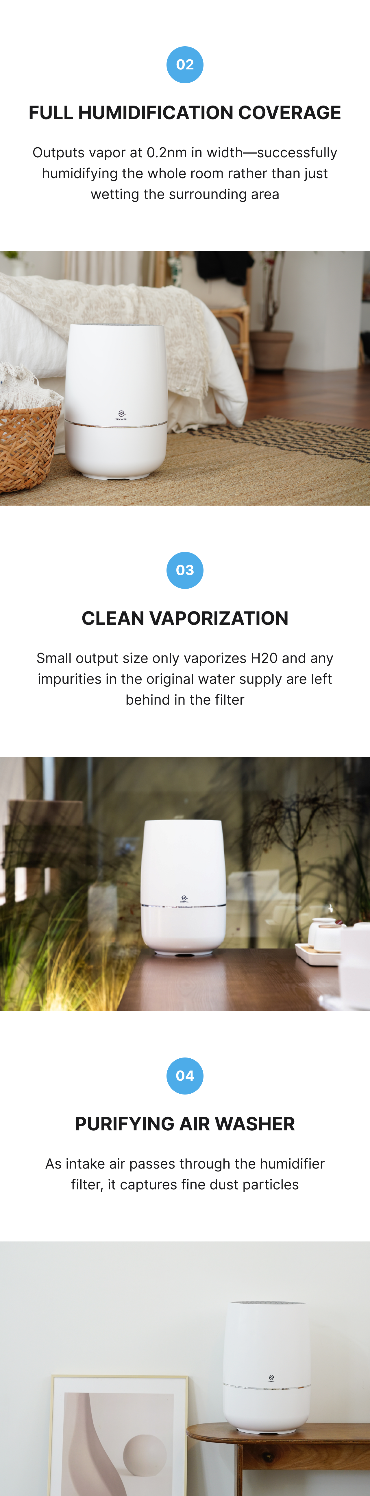 Air Purifier and Humidifier product description image describing how air washing happens because the output vapor is only 0.2nm in width, it successfully humidifies the whole room rather than just wetting the surrounding area. The small output size only vaporizes H20 and any impurities in the original water supply are left behind in the filter and as intake air passes through the humidifier filter, it captures fine dust particles