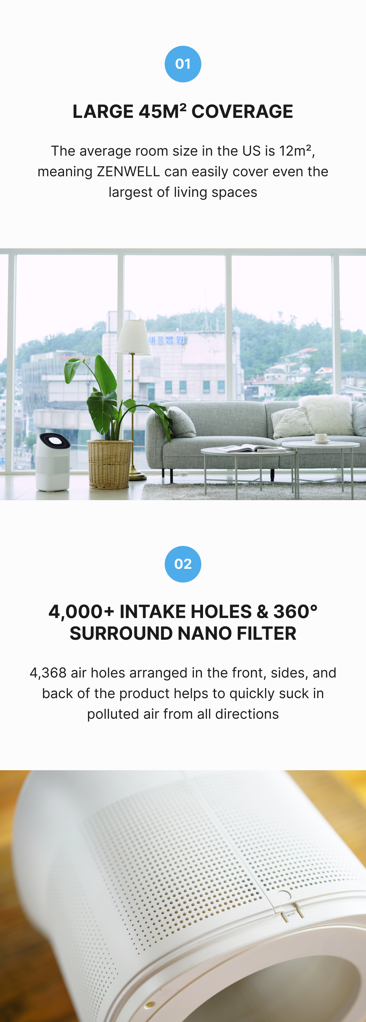 Super Humidifier Smart product description image describing how the 45 square meter coverage of the unit is more than enough to cover the average 12 square meter US room. Over four thousand intake holes in the front, sides, and back and the round 360 degree surround nano filter quickly purifies polluted air from all directions.