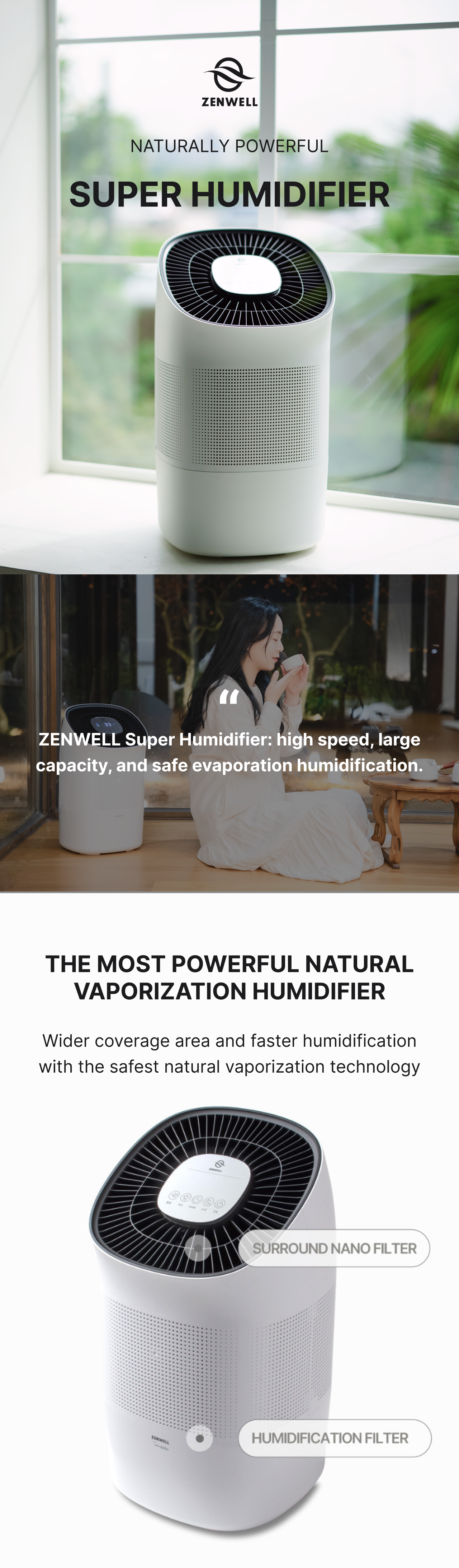 Super Humidifier product description image highlighting the high speed, large capacity, and safe evaporation humidification with a surround nano and humidifier filter.
