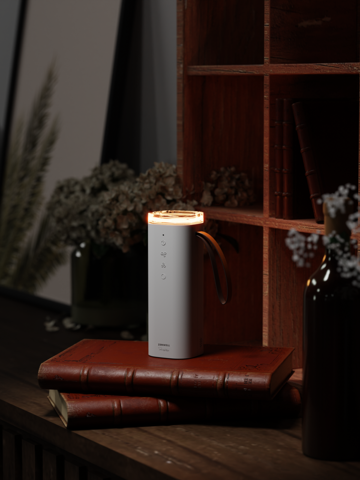 Zenwell Air Doctor Smart with mood light on placed on a shelf with books, flowers, and picture frames