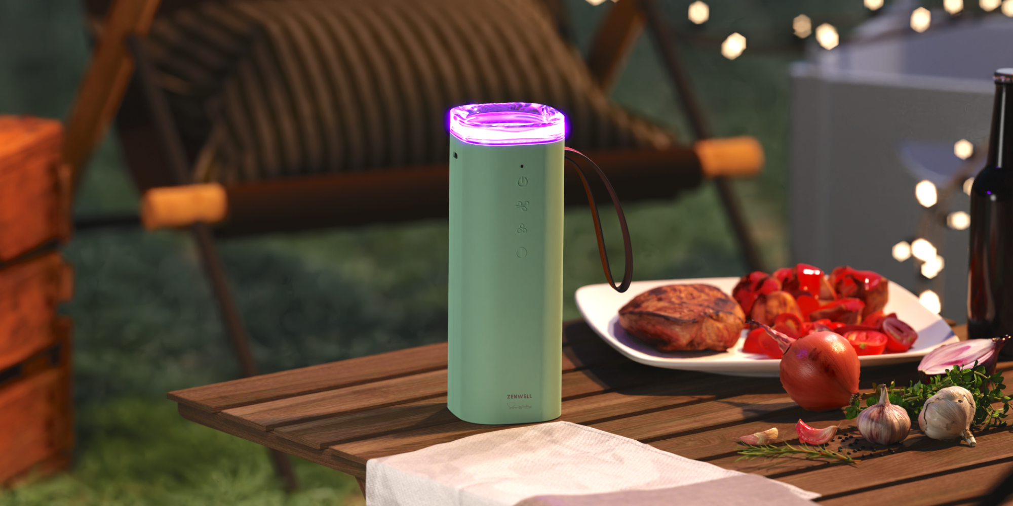 Zenwell Air Doctor Smart with mood light on placed on a outdoor picnic table