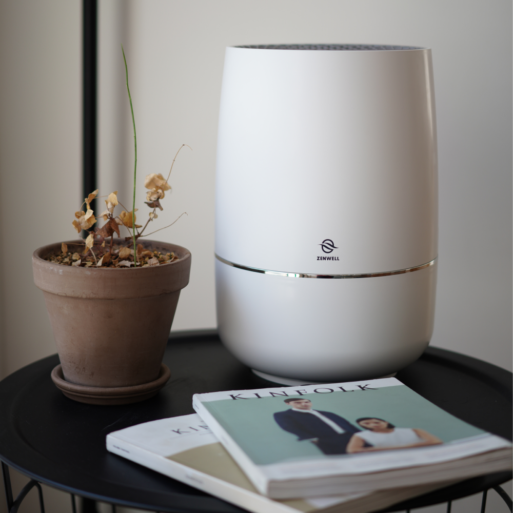 Zenwell Humidifier + Purifier on table with plant and magazines