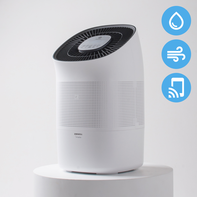 Super Air Purifier + Humidifier Smart on pedestal in white room