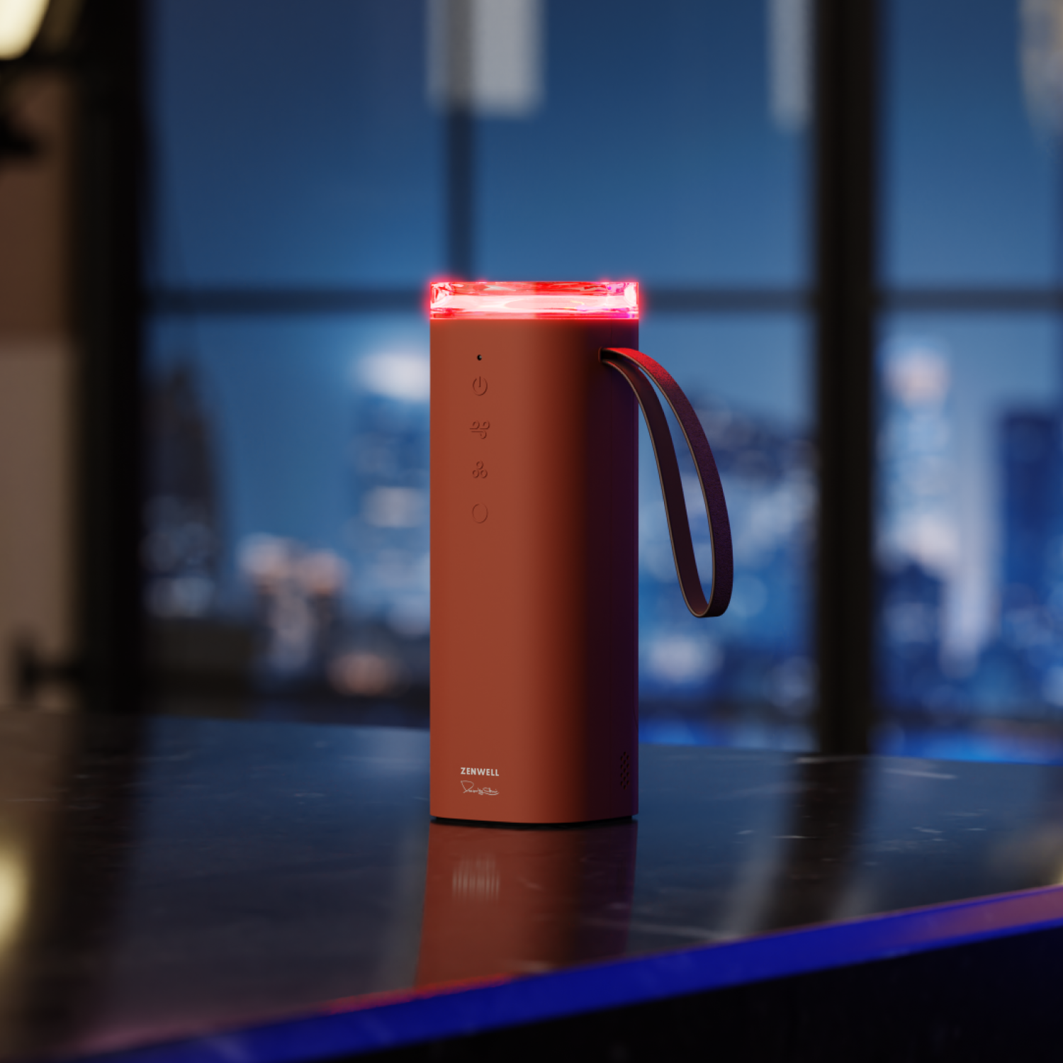 Zenwell Air Doctor portable purifier on table in urban apartment at night with moodlight on
