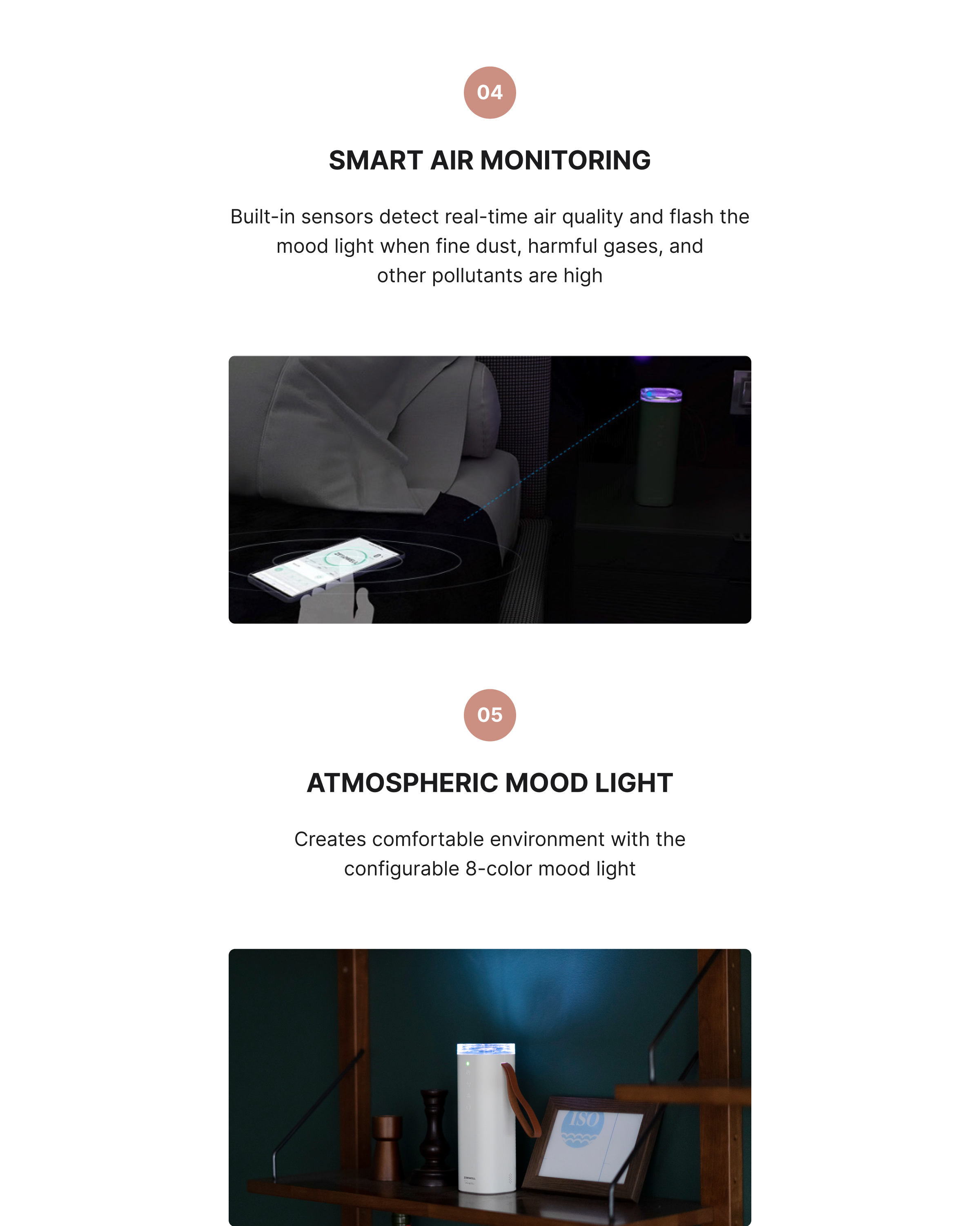 Baby Safe Air Doctor product description image describing how the smart air monitoring uses built-in sensors to detect air quality real-time and flashes the mood light when levels of dust, harmful gases, and other pollutants are high and how the mood light comes with 8 color settings