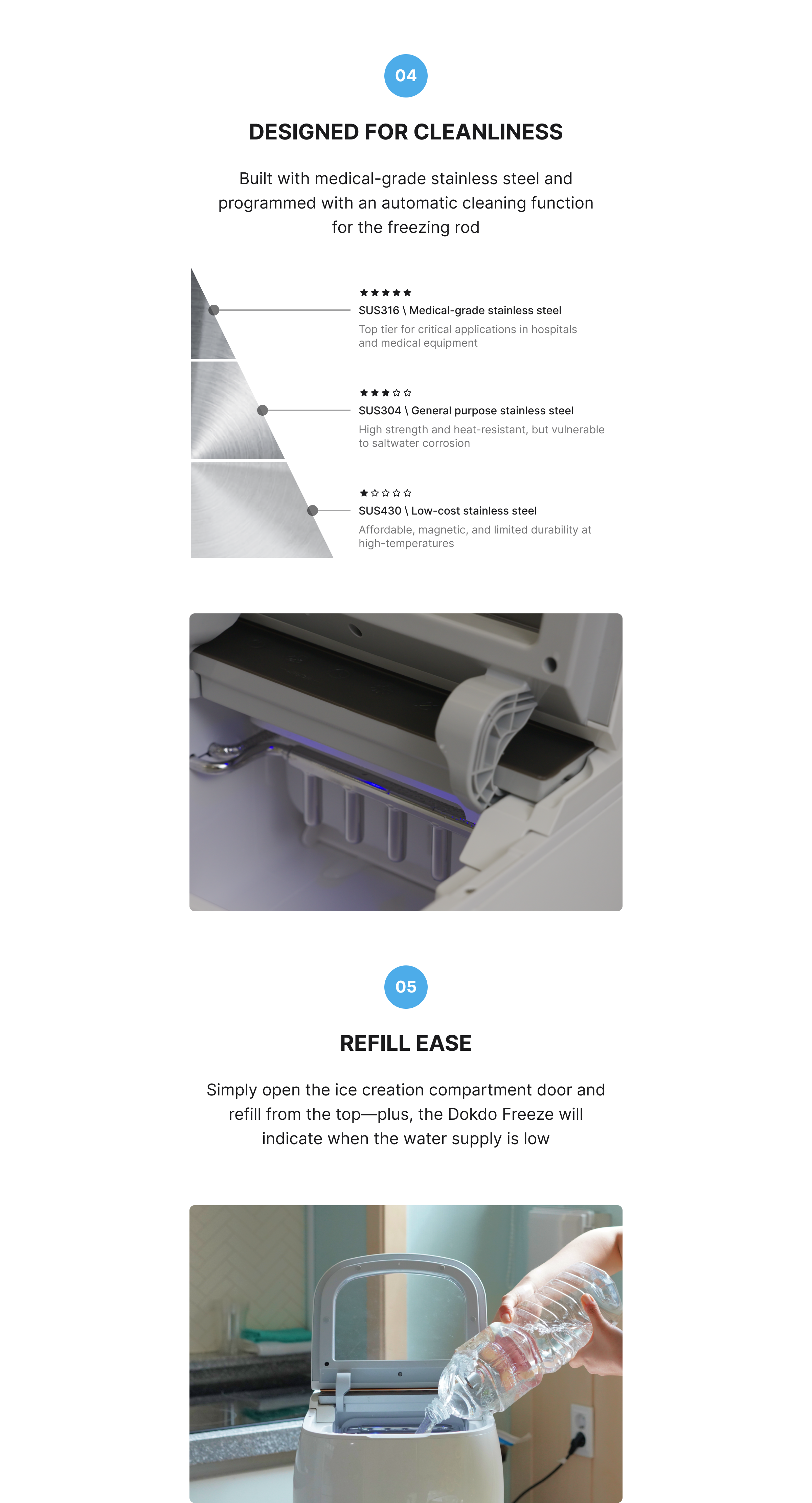 Dokdo Freeze product description image describing how the ice maker is built with top-tier and rust-free medical grade stainless steel and the top-refill system is super easy to use
