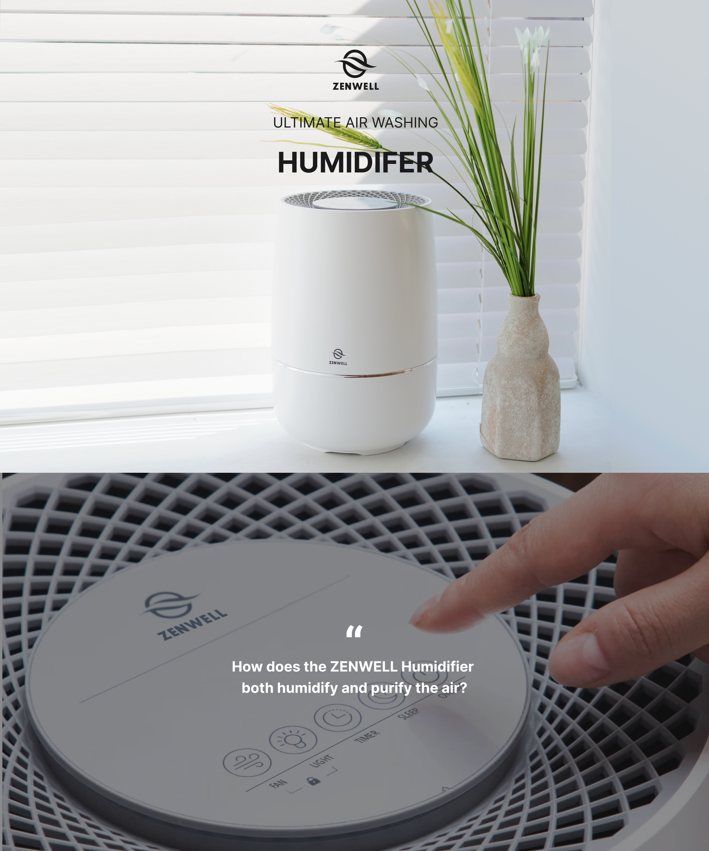 Humidifier product description image with quoted question asking how this ultimate air washer both humidifies and purifies the air.