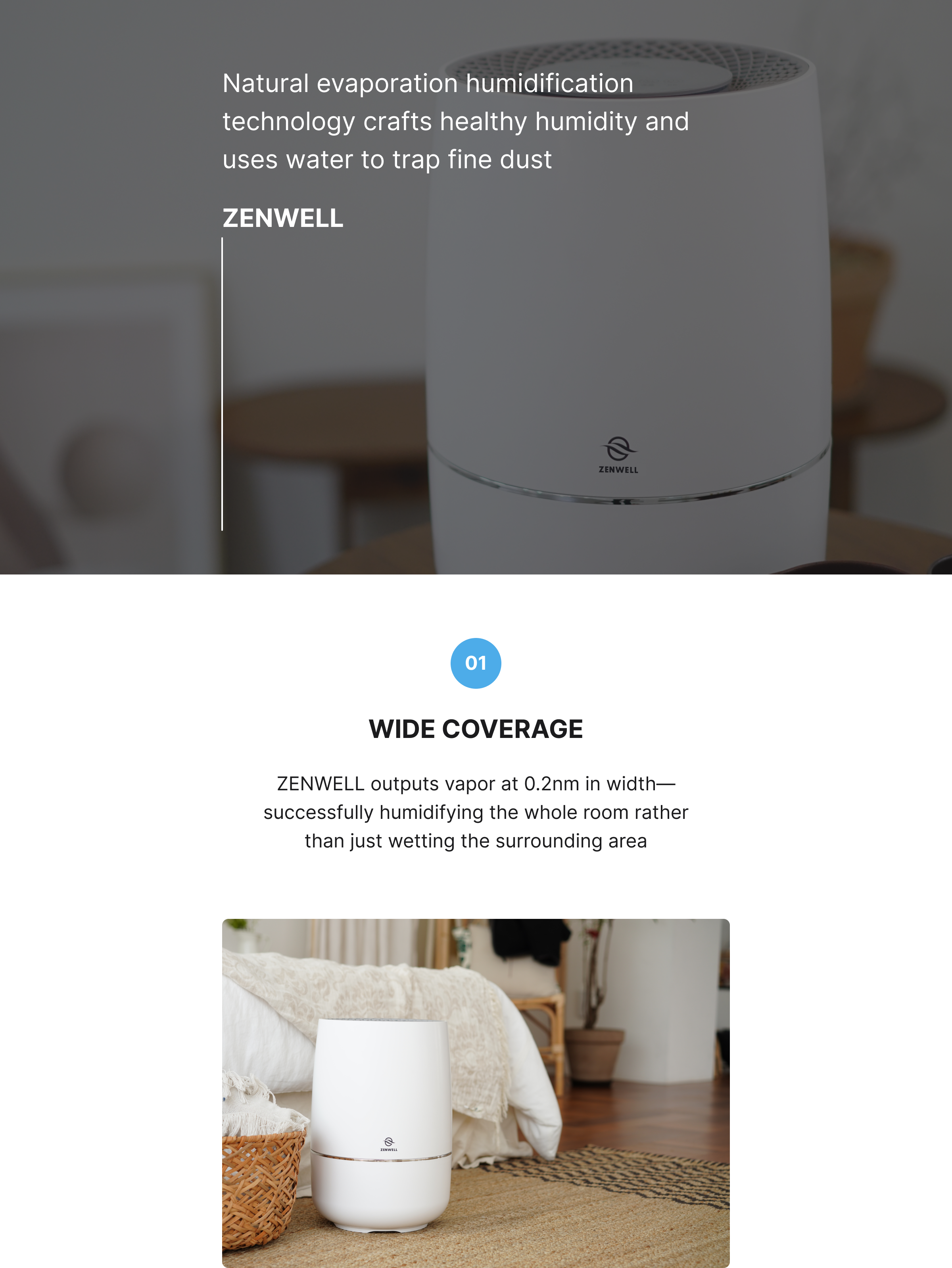 Humidifier product description image describing how natural evaporation humidification crafts healthy humidity and uses water to trap fine dust. Zenwell's device outputs vapor at 0.2nm in width—successfully humidifying the whole room rather than just wetting the surrounding area.