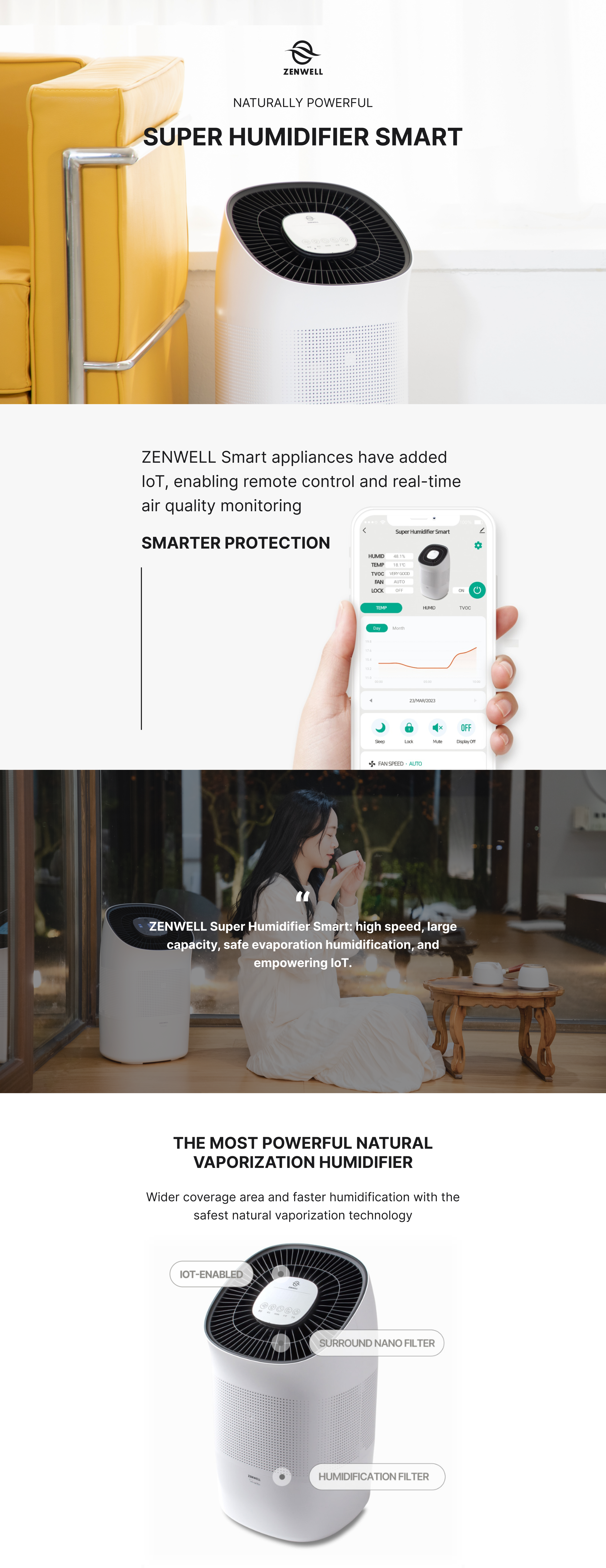Super Humidifier Smart product description image highlighting the high speed, large capacity, and safe evaporation humidification and the added IOT mobile app that allows remote control and real-time air quality monitoring. 