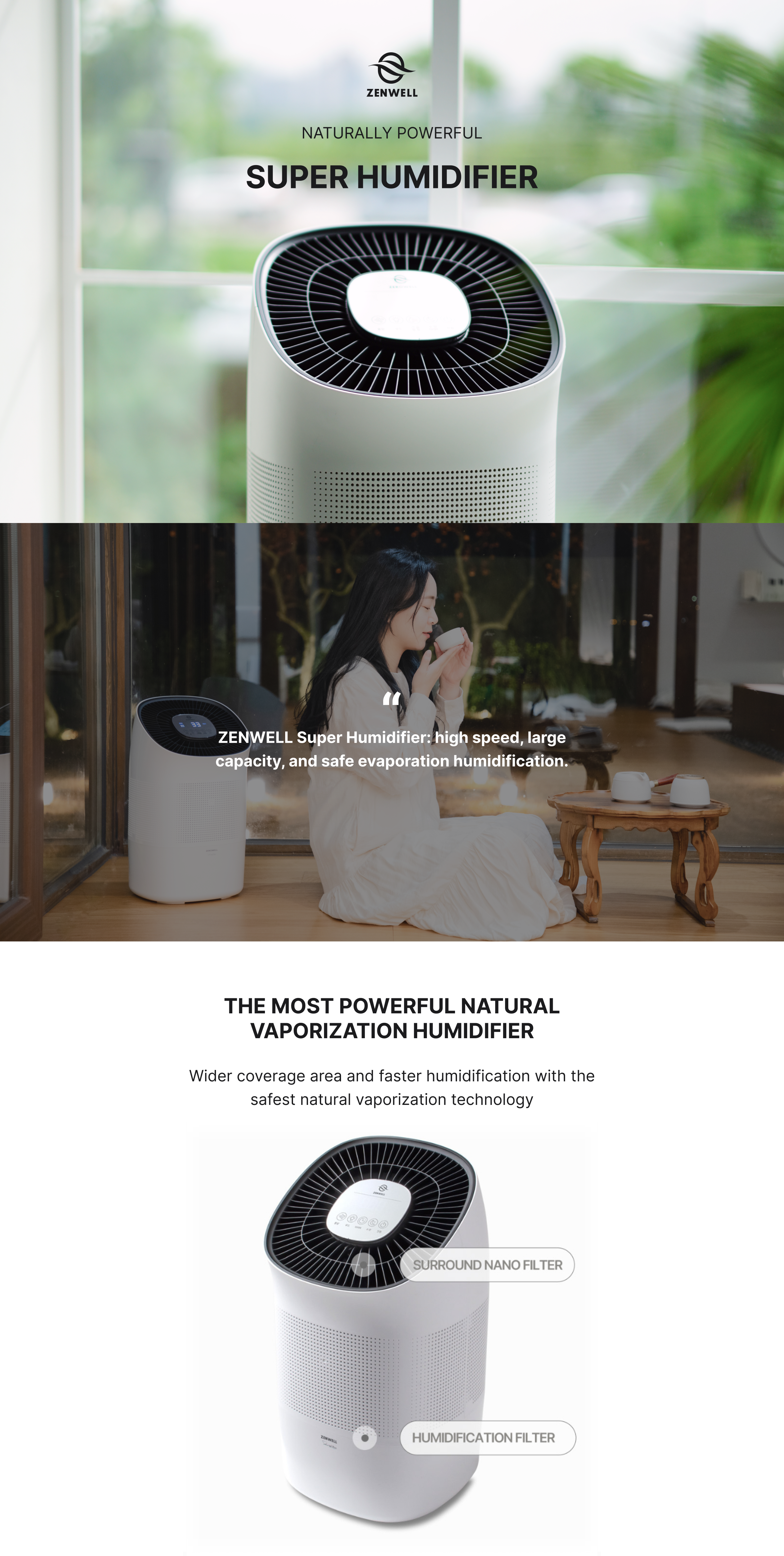 Super Humidifier product description image highlighting the high speed, large capacity, and safe evaporation humidification with a surround nano and humidifier filter. 