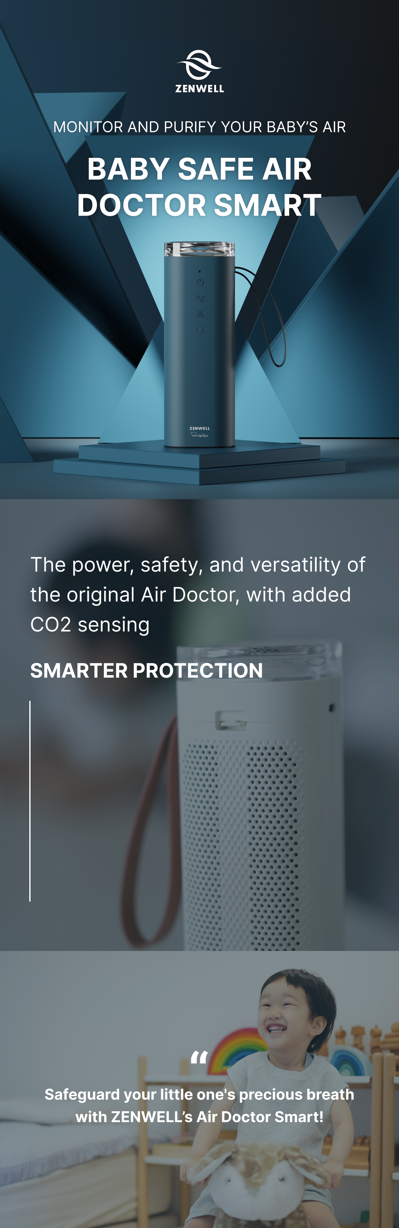 Baby Safe Air Doctor Smart product description image highlighting the unique CO2 sensing capabilities and benefits for children