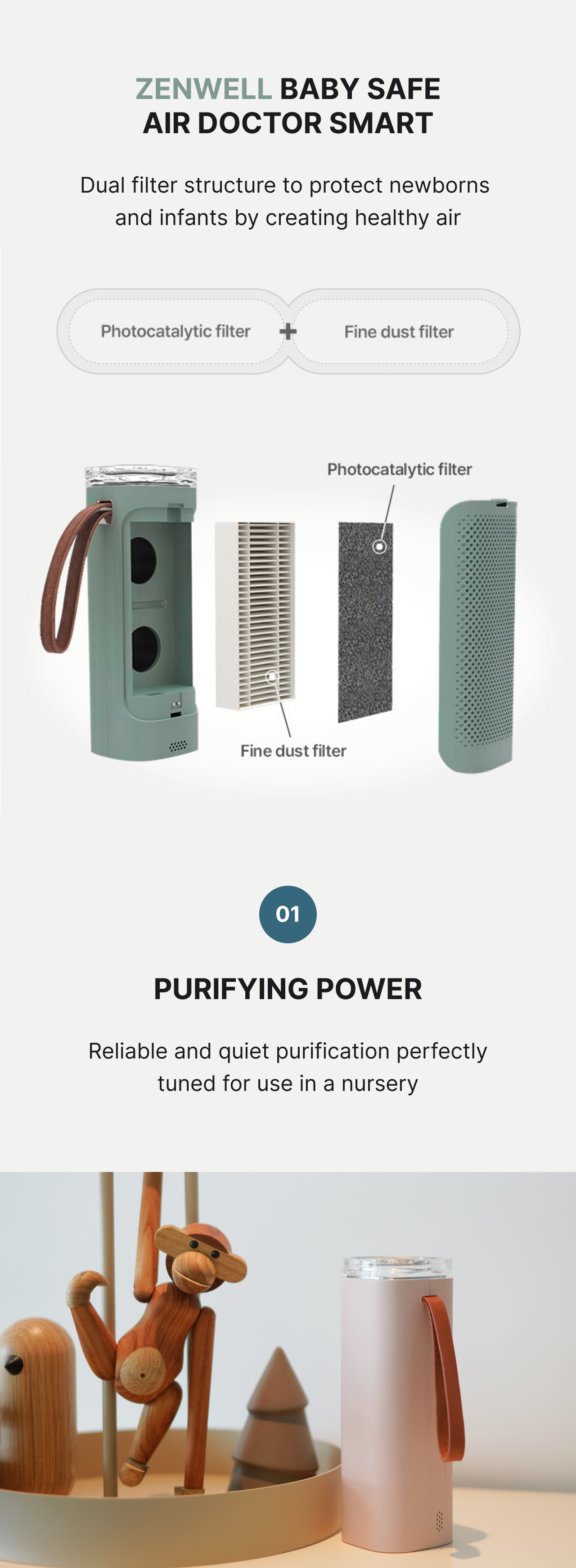 Baby Safe Air Doctor Smart product description image with rendering showing contents of the purifier and saying the reliable and quiet purification is perfect for a baby's nursery
