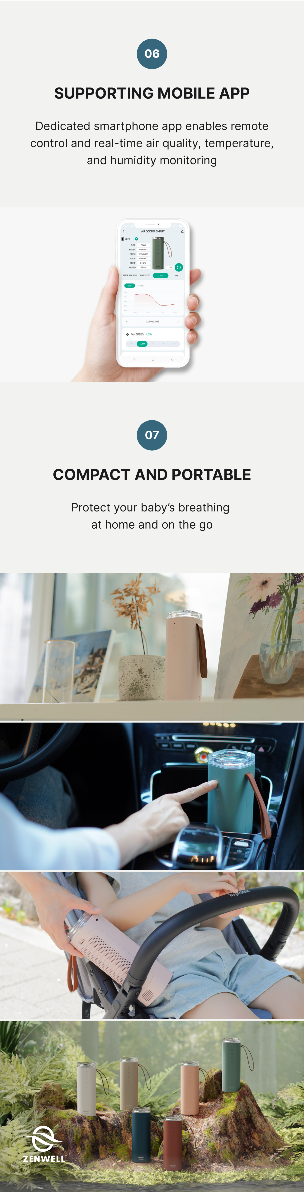Baby Safe Air Doctor Smart product description image showing supporting mobile app with air quality insights and images showing how the unit is portable and can protect you and your child on the go