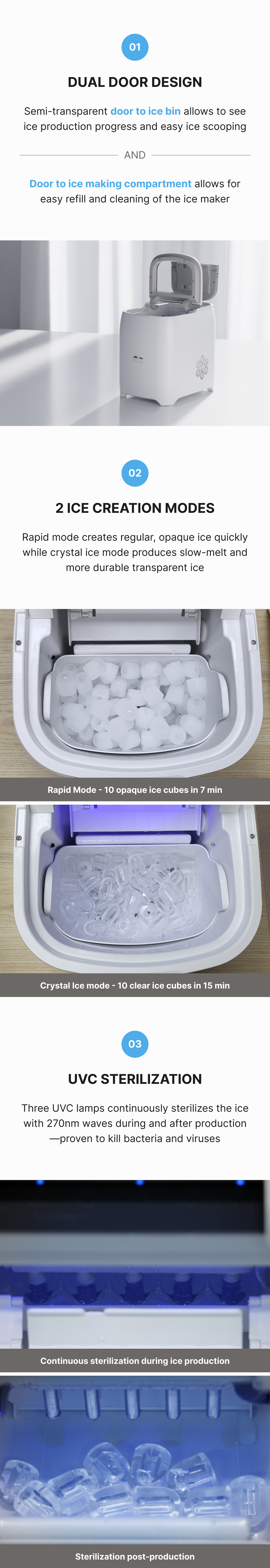 Dokdo Freeze product description image showing how dual door design gives access to the ice bin and ice making compartment for easy cleaning, how the two modes creates 10 cubes of hard, durable ice in 15 minutes or quick opaque ice in 7 minutes, and how the unit uses a triple UVC light system continuously during the ice making process.