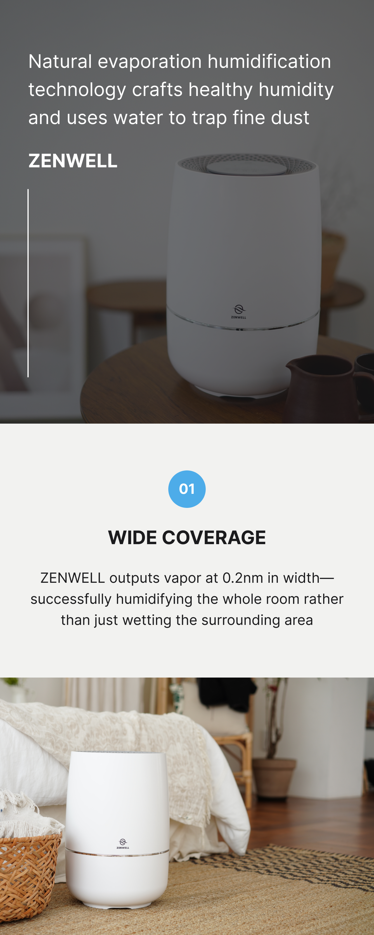 Humidifier product description image describing how natural evaporation humidification crafts healthy humidity and uses water to trap fine dust. Zenwell's device outputs vapor at 0.2nm in width—successfully humidifying the whole room rather than just wetting the surrounding area.