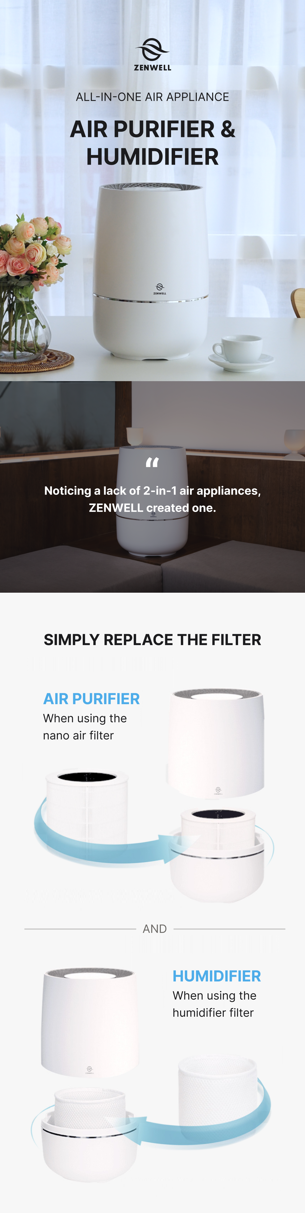 Air Purifier and Humidifier product description image describing Zenwell's device as one of the only 2-in-1 solutions on the market. Simply change between the humidification filter and the nano air filter to switch between humidification and purification functionality.