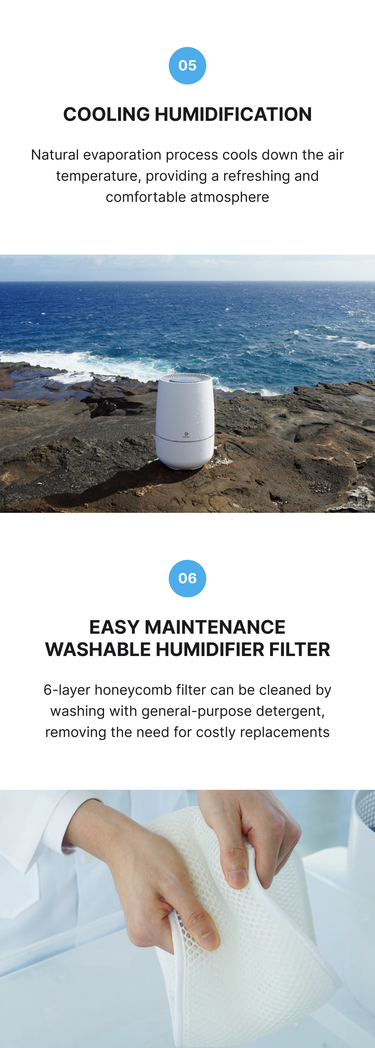 Air Purifier and Humidifier product description image describing how the humidification cools the air and the humidifier filter is easy to maintain because you can easily wash the 6-layer honeycomb fiber filter with general-purpose detergent