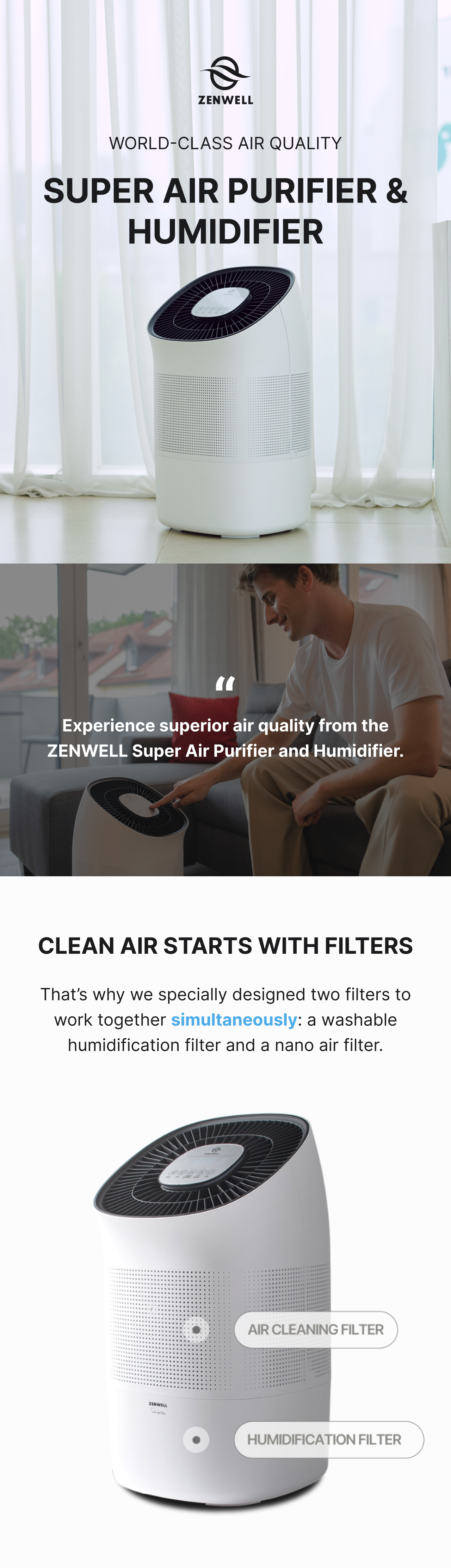 Super Air Purifier and Humidifier product description image explaining how it has two filters that work together simultaneously: a washable humidification filter and a nano air filter.